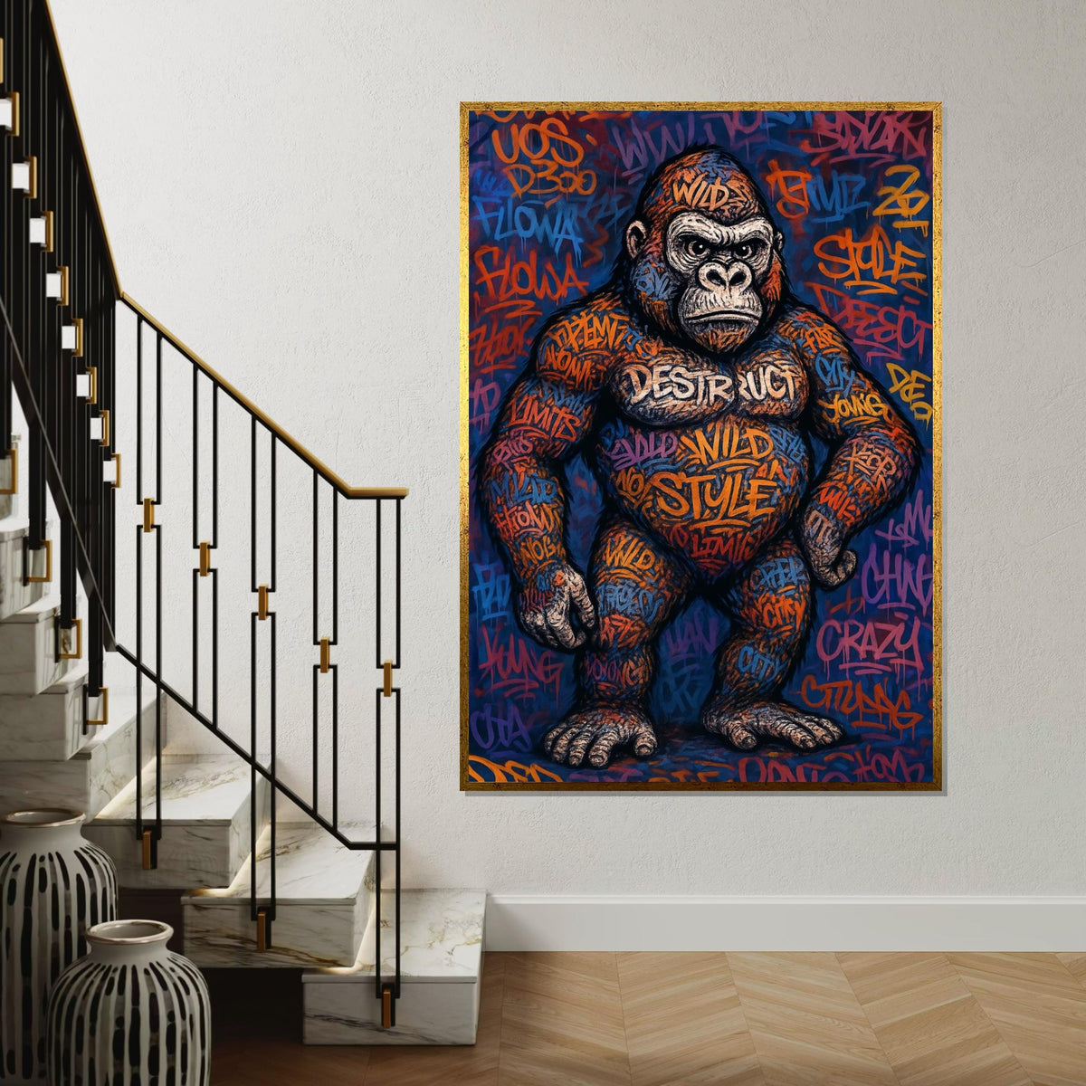 Graffiti Gorilla Canvas, Street Art Gorilla Poster, Animal Wall Art, Wild Style Canvas Design, Ready To Hang Urban Decor