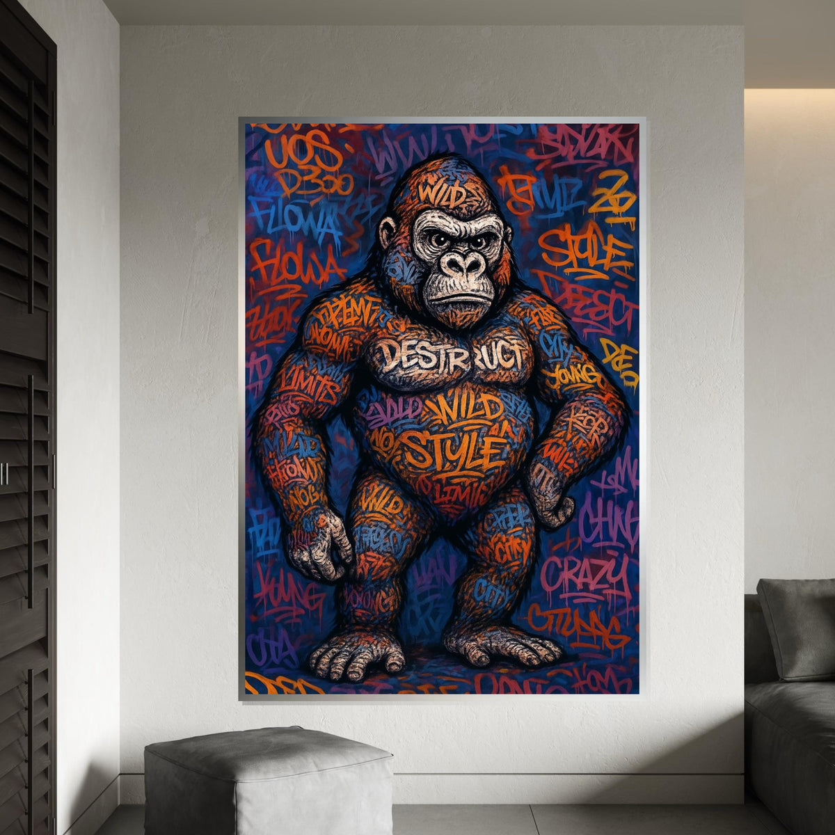 Graffiti Gorilla Canvas, Street Art Gorilla Poster, Animal Wall Art, Wild Style Canvas Design, Ready To Hang Urban Decor