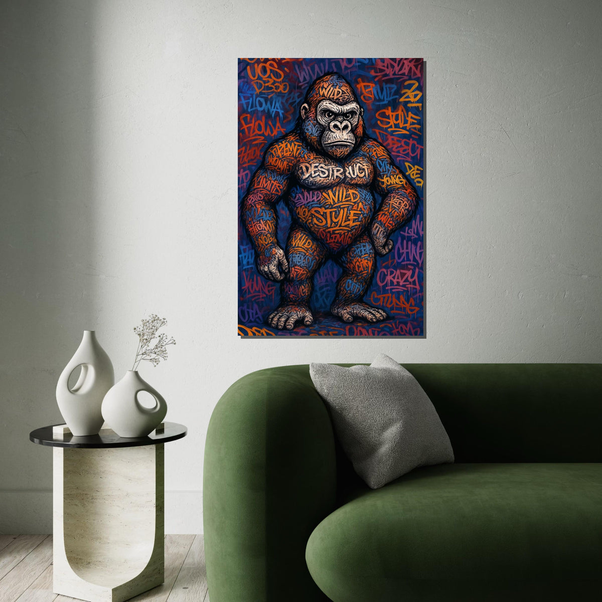 Graffiti Gorilla Canvas, Street Art Gorilla Poster, Animal Wall Art, Wild Style Canvas Design, Ready To Hang Urban Decor