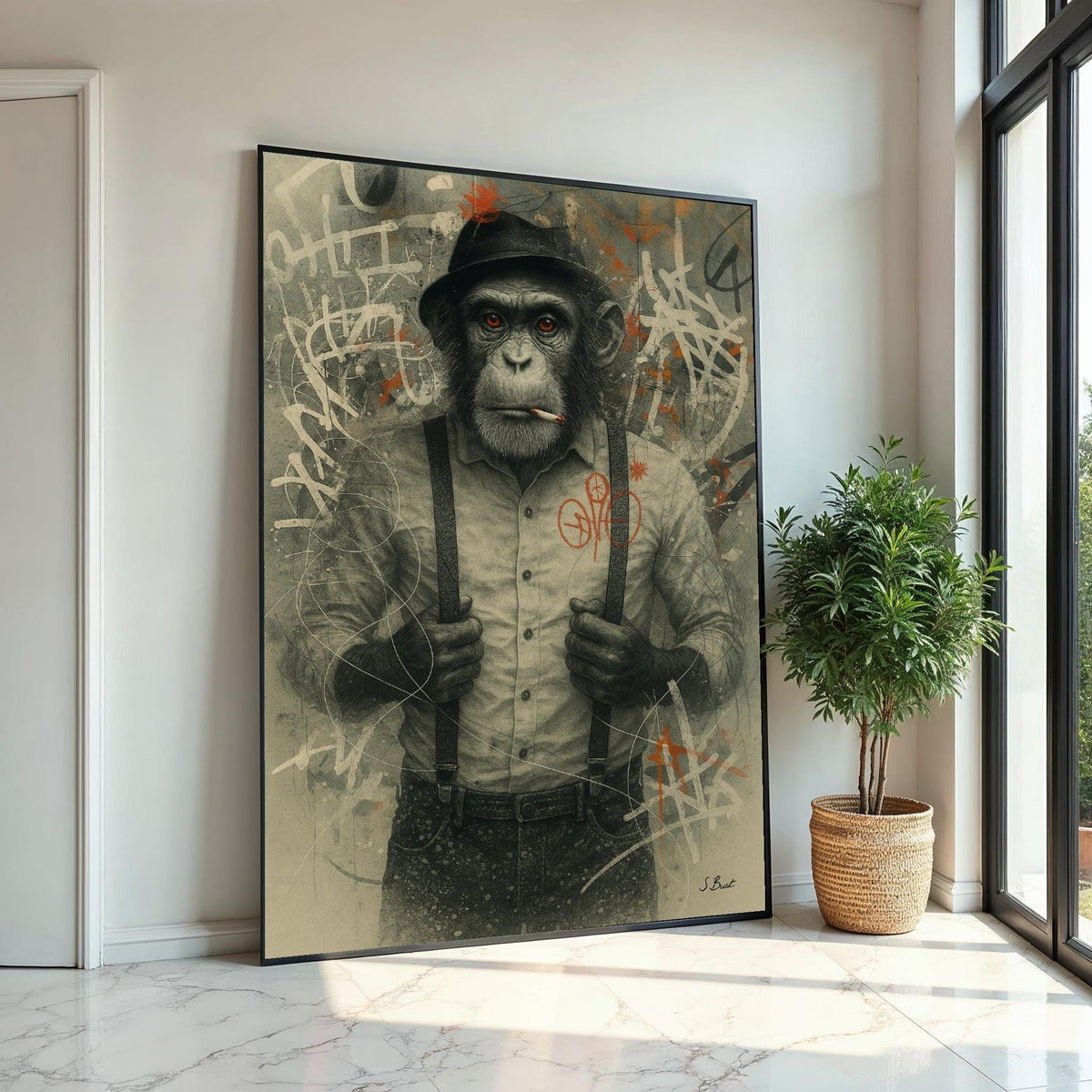 Chimp in Hat Canvas Art, Smoking Monkey Wall Print, Urban Graffiti Animal Poster, Wall Art Canvas Design, Ready to Hang Decor