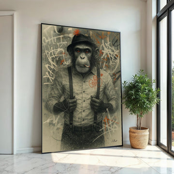 Chimp in Hat Canvas Art, Smoking Monkey Wall Print, Urban Graffiti Animal Poster, Wall Art Canvas Design, Ready to Hang Decor