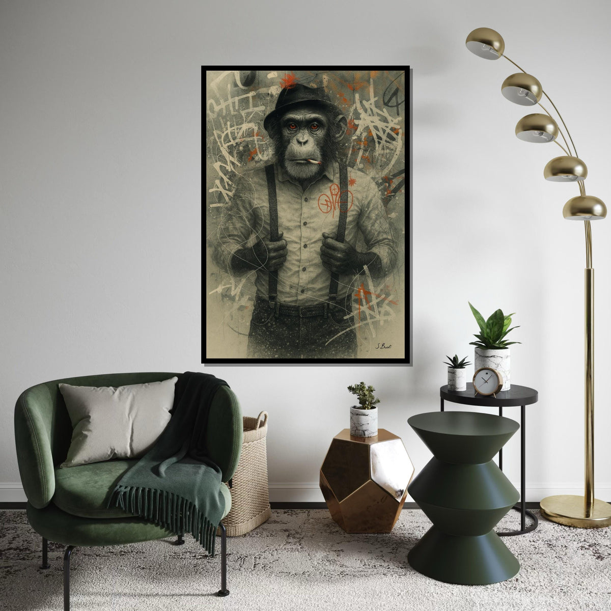 Chimp in Hat Canvas Art, Smoking Monkey Wall Print, Urban Graffiti Animal Poster, Wall Art Canvas Design, Ready to Hang Decor