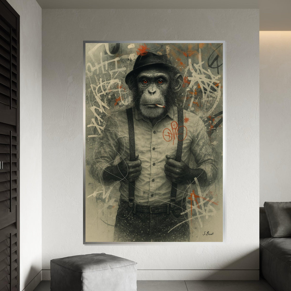 Chimp in Hat Canvas Art, Smoking Monkey Wall Print, Urban Graffiti Animal Poster, Wall Art Canvas Design, Ready to Hang Decor