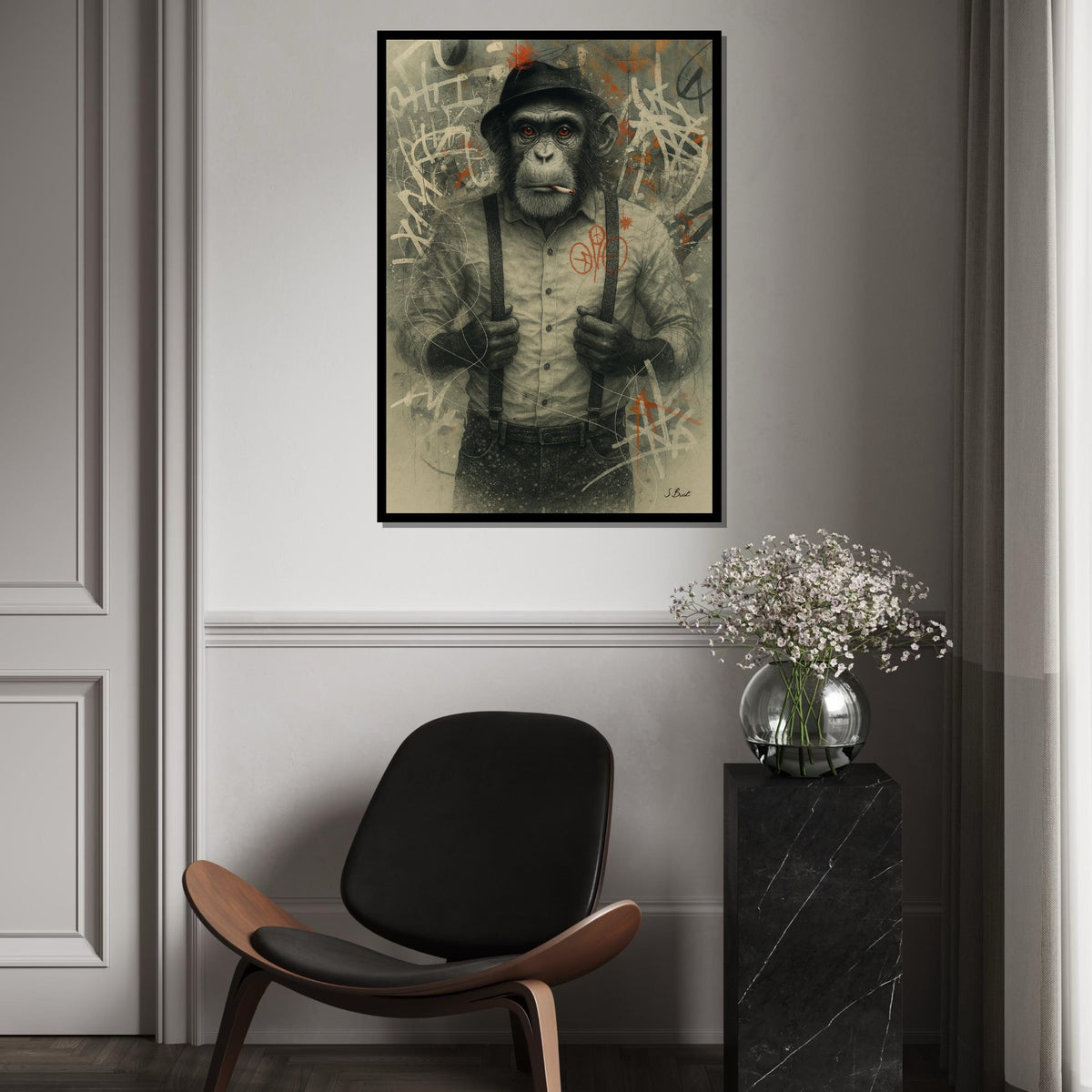Chimp in Hat Canvas Art, Smoking Monkey Wall Print, Urban Graffiti Animal Poster, Wall Art Canvas Design, Ready to Hang Decor