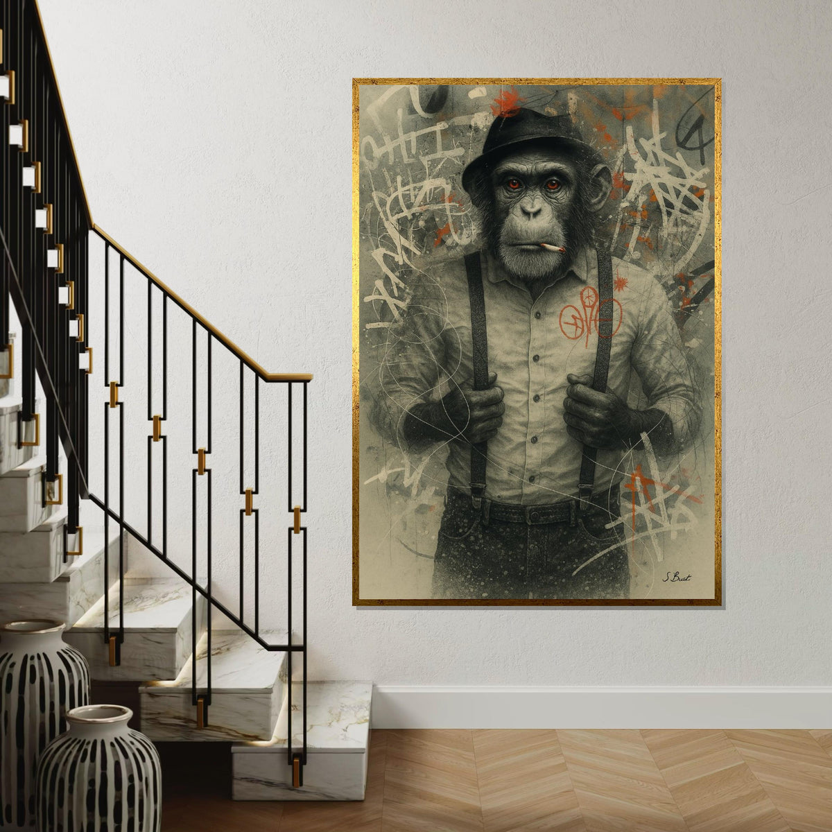 Chimp in Hat Canvas Art, Smoking Monkey Wall Print, Urban Graffiti Animal Poster, Wall Art Canvas Design, Ready to Hang Decor