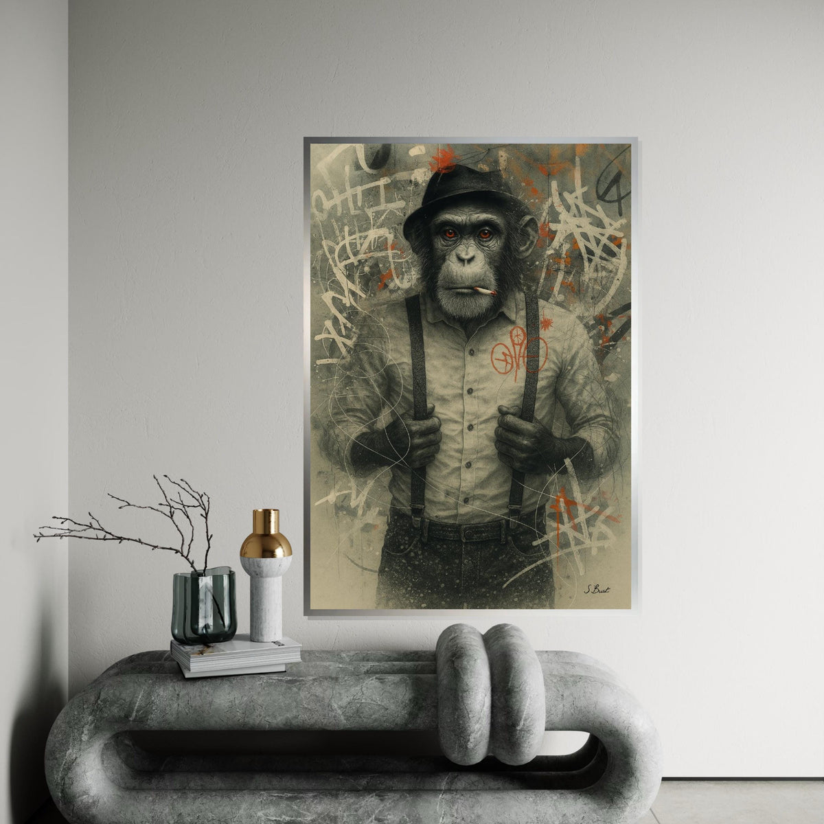 Chimp in Hat Canvas Art, Smoking Monkey Wall Print, Urban Graffiti Animal Poster, Wall Art Canvas Design, Ready to Hang Decor