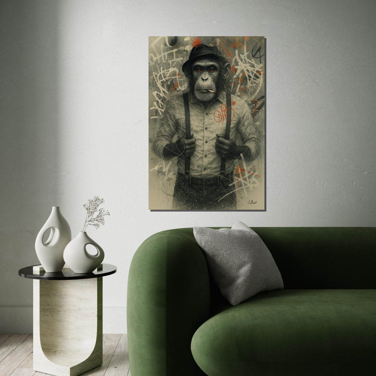 Chimp in Hat Canvas Art, Smoking Monkey Wall Print, Urban Graffiti Animal Poster, Wall Art Canvas Design, Ready to Hang Decor
