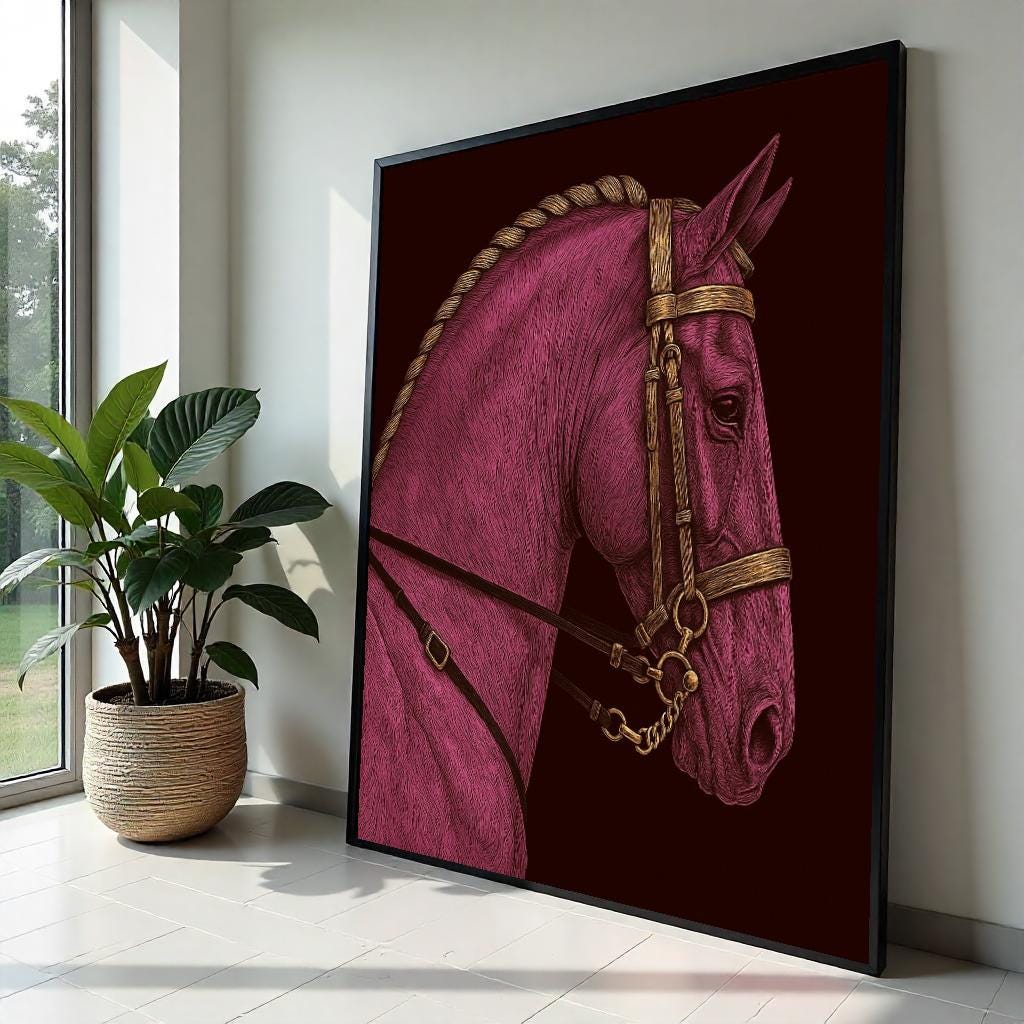 Regal Pink Horse, Horse Canvas Wall Art, Elegant Animal Print, Wall Art Canvas Design, Equine Decor, Ready To Hang Decoration