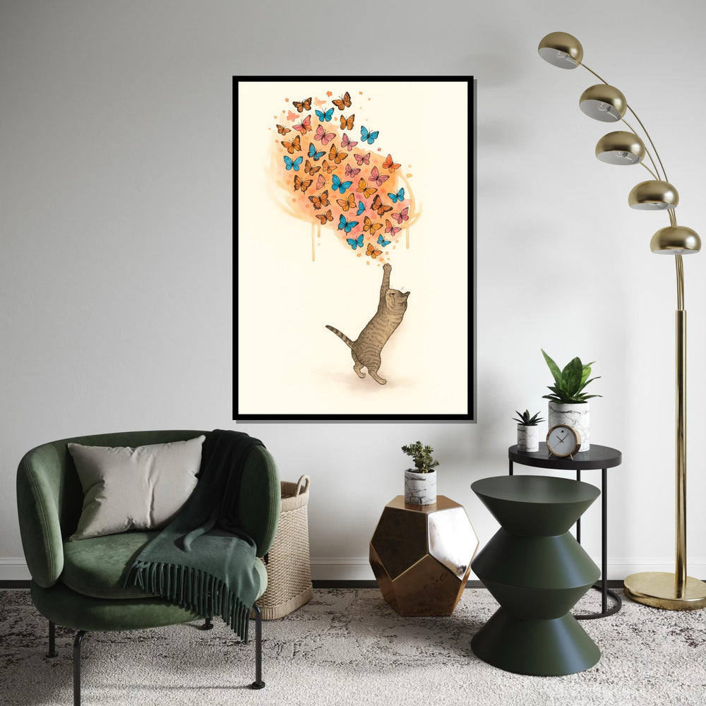 Cat and Butterflies Canvas, Animal Wall Art, Whimsical Cat Print, Colorful Butterfly Art, Wall Art Canvas Design, Ready to Hang Decoration