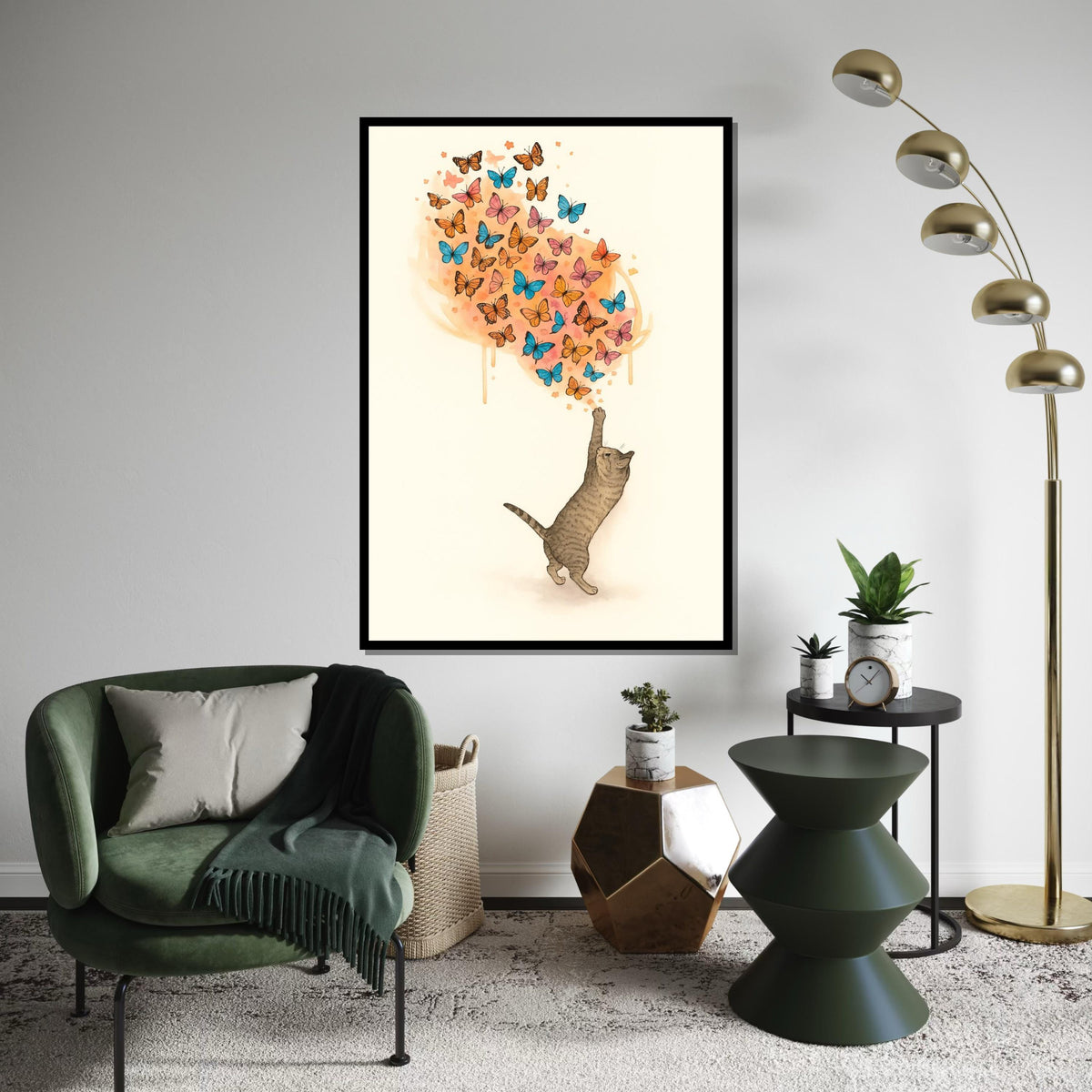 Cat and Butterflies Canvas, Animal Wall Art, Whimsical Cat Print, Colorful Butterfly Art, Wall Art Canvas Design, Ready to Hang Decoration