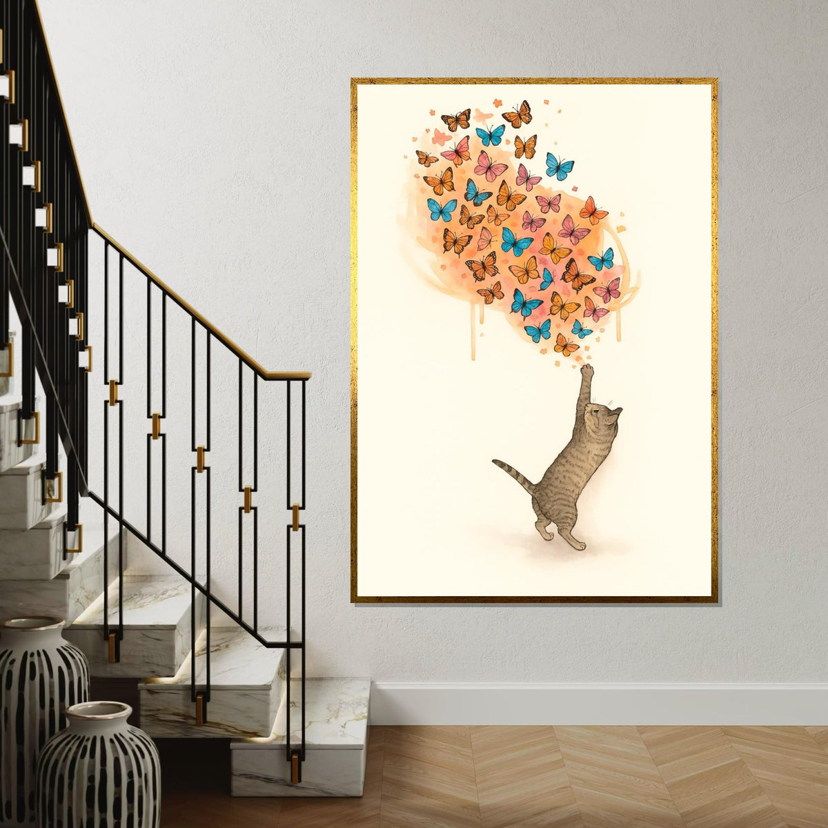 Cat and Butterflies Canvas, Animal Wall Art, Whimsical Cat Print, Colorful Butterfly Art, Wall Art Canvas Design, Ready to Hang Decoration