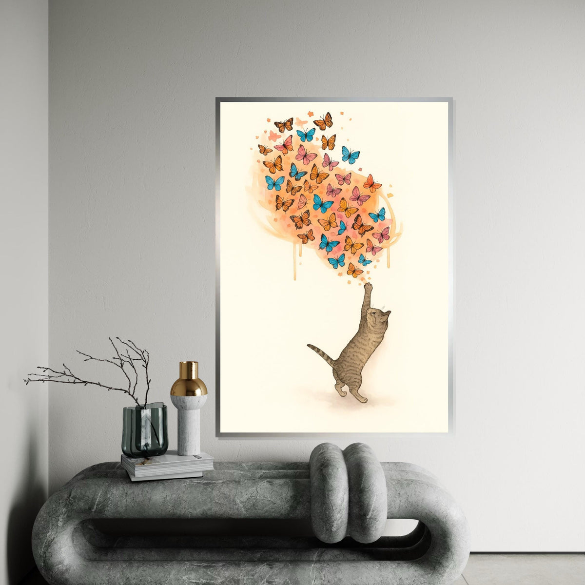 Cat and Butterflies Canvas, Animal Wall Art, Whimsical Cat Print, Colorful Butterfly Art, Wall Art Canvas Design, Ready to Hang Decoration