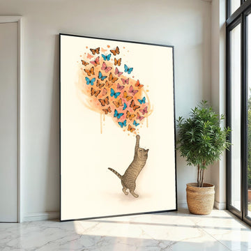 Cat and Butterflies Canvas, Animal Wall Art, Whimsical Cat Print, Colorful Butterfly Art, Wall Art Canvas Design, Ready to Hang Decoration