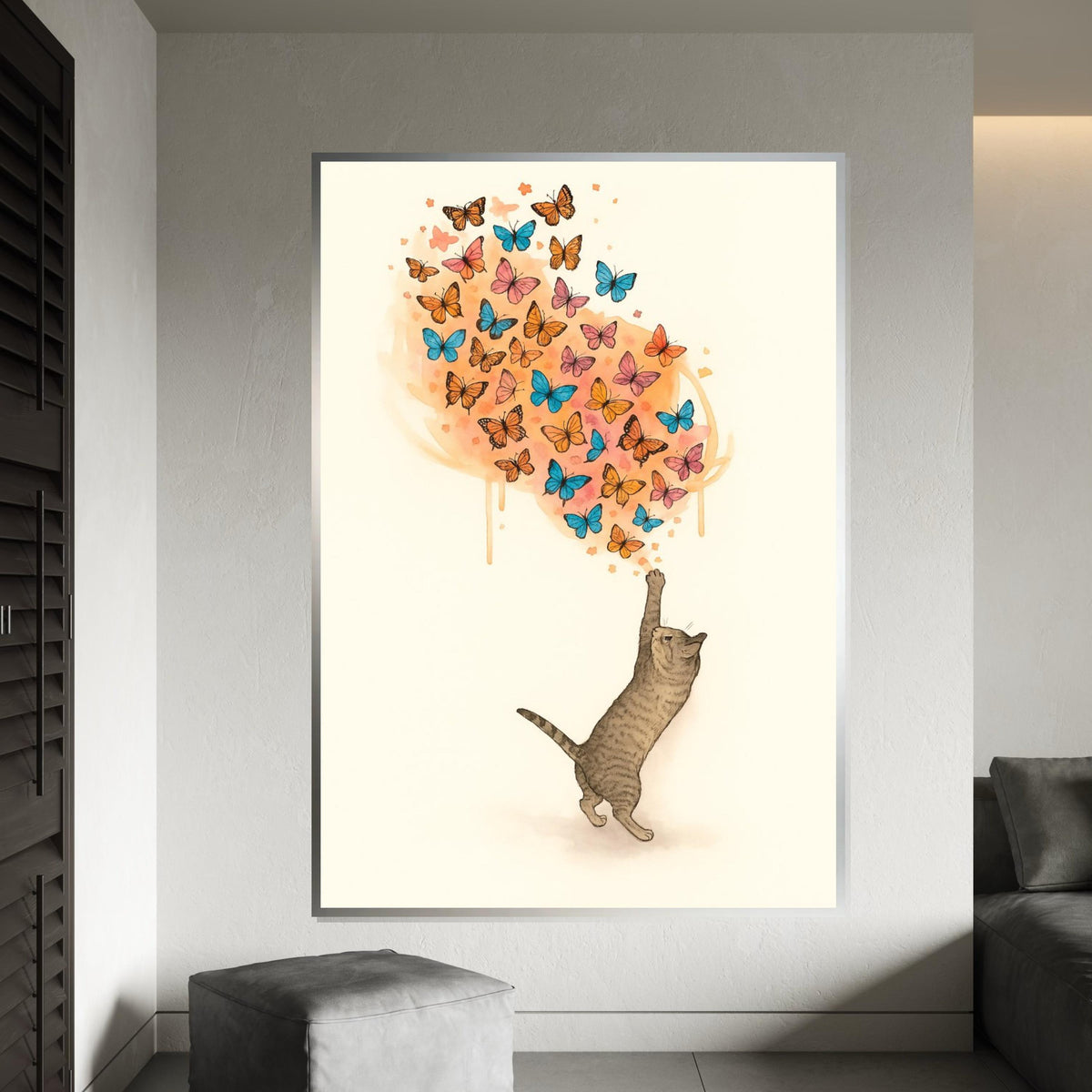 Cat and Butterflies Canvas, Animal Wall Art, Whimsical Cat Print, Colorful Butterfly Art, Wall Art Canvas Design, Ready to Hang Decoration