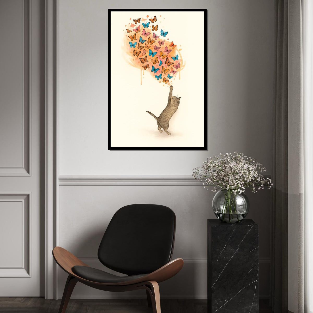 Cat and Butterflies Canvas, Animal Wall Art, Whimsical Cat Print, Colorful Butterfly Art, Wall Art Canvas Design, Ready to Hang Decoration