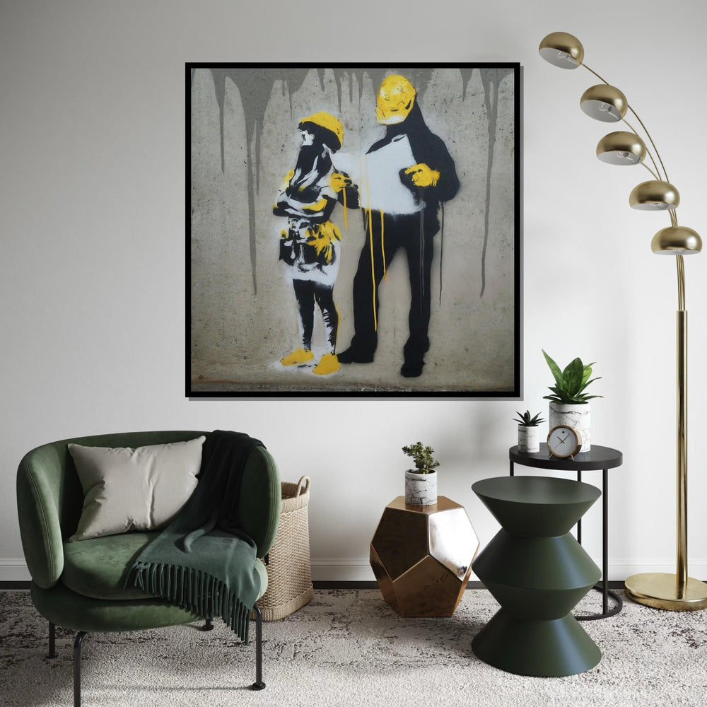 Yellow Hard Hat Workers Canvas, Construction Wall Art, Modern Street Art, Graffiti Style, Wall Art Canvas Design, Ready to Hang Decoration