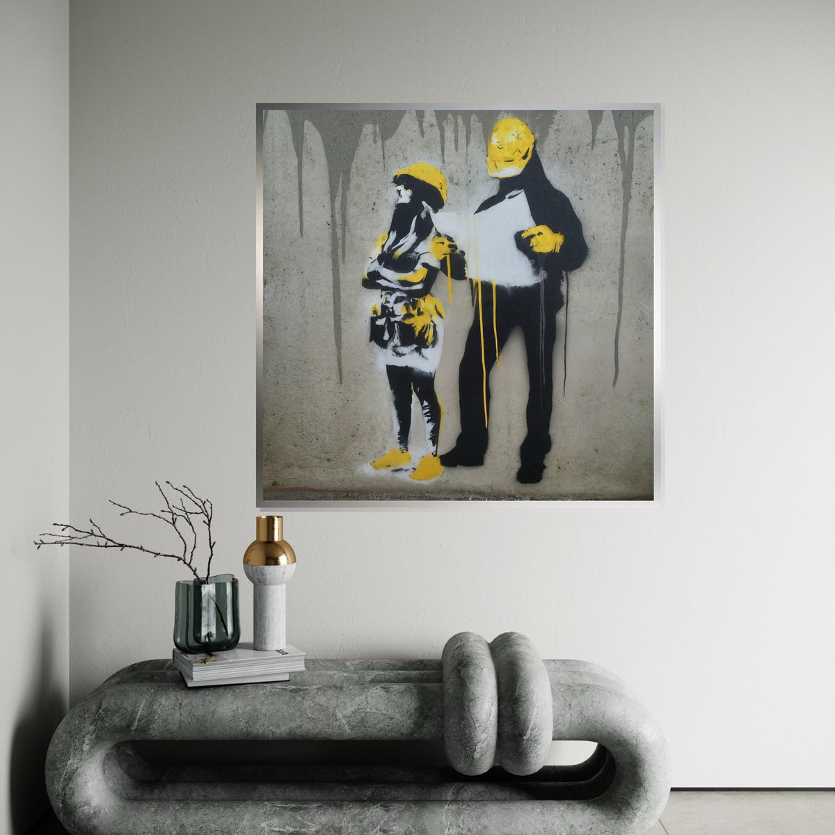 Yellow Hard Hat Workers Canvas, Construction Wall Art, Modern Street Art, Graffiti Style, Wall Art Canvas Design, Ready to Hang Decoration