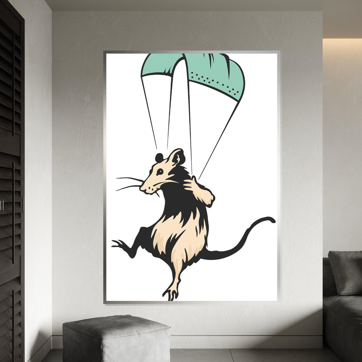 Flying Mouse Canvas, Parachute Animal Art, Rodent Wall Print, Animal Poster, Wall Art Canvas Design, Ready To Hang Decoration