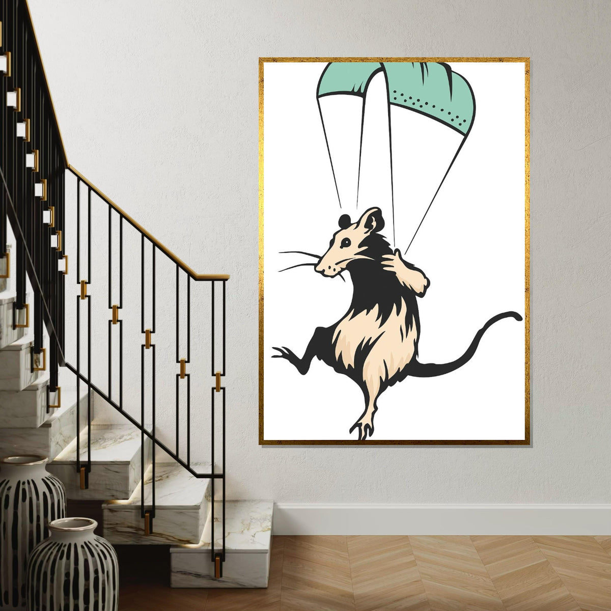 Flying Mouse Canvas, Parachute Animal Art, Rodent Wall Print, Animal Poster, Wall Art Canvas Design, Ready To Hang Decoration