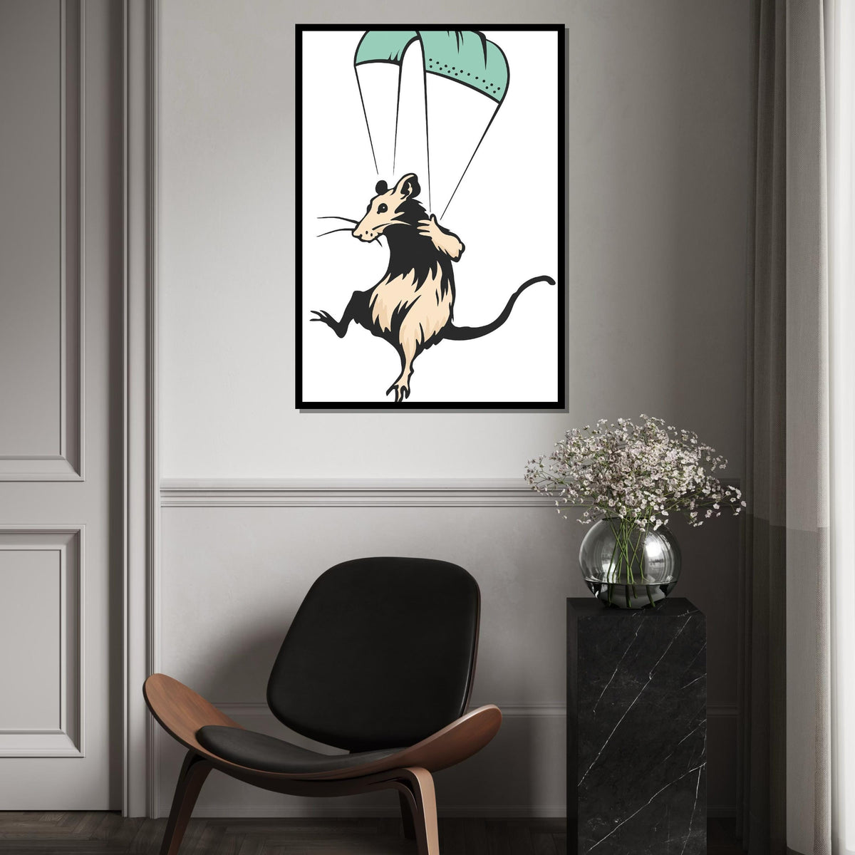 Flying Mouse Canvas, Parachute Animal Art, Rodent Wall Print, Animal Poster, Wall Art Canvas Design, Ready To Hang Decoration