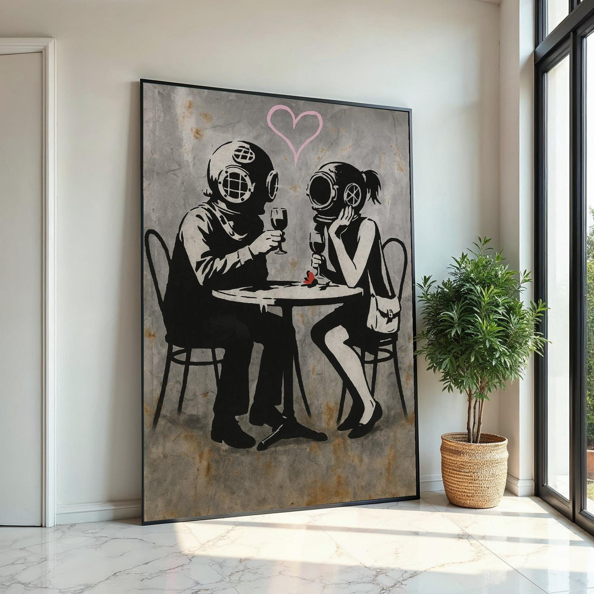 Divers in Love Canvas, Romantic Helmet Divers, Banksy Style Art, Wall Art Canvas Design, Ready to Hang Decoration, Vintage Romance