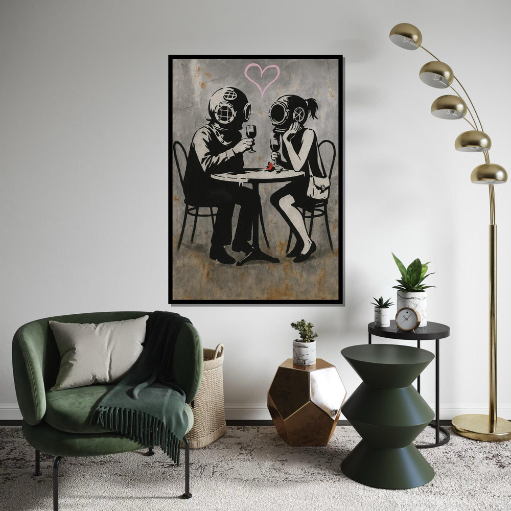 Divers in Love Canvas, Romantic Helmet Divers, Banksy Style Art, Wall Art Canvas Design, Ready to Hang Decoration, Vintage Romance