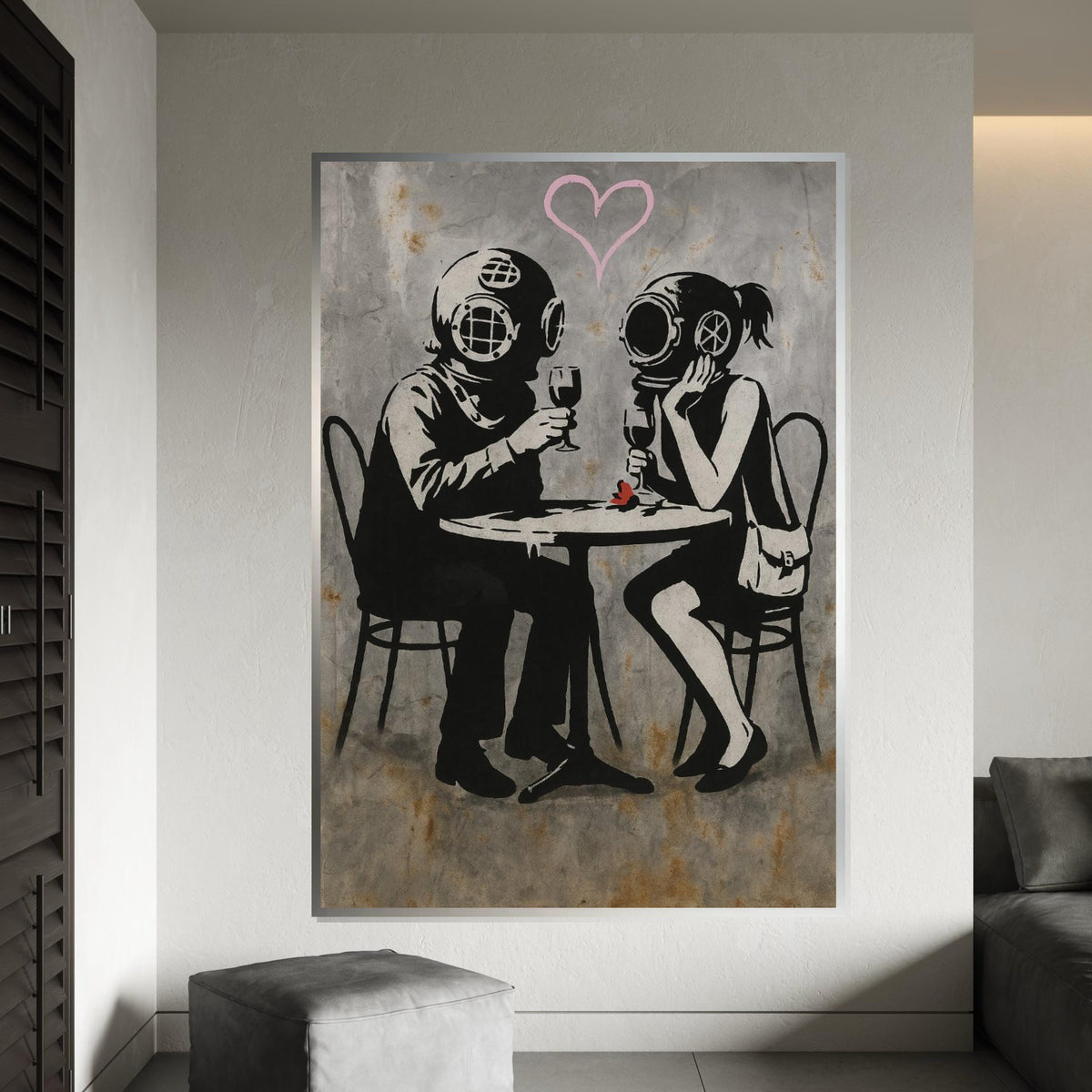 Divers in Love Canvas, Romantic Helmet Divers, Banksy Style Art, Wall Art Canvas Design, Ready to Hang Decoration, Vintage Romance