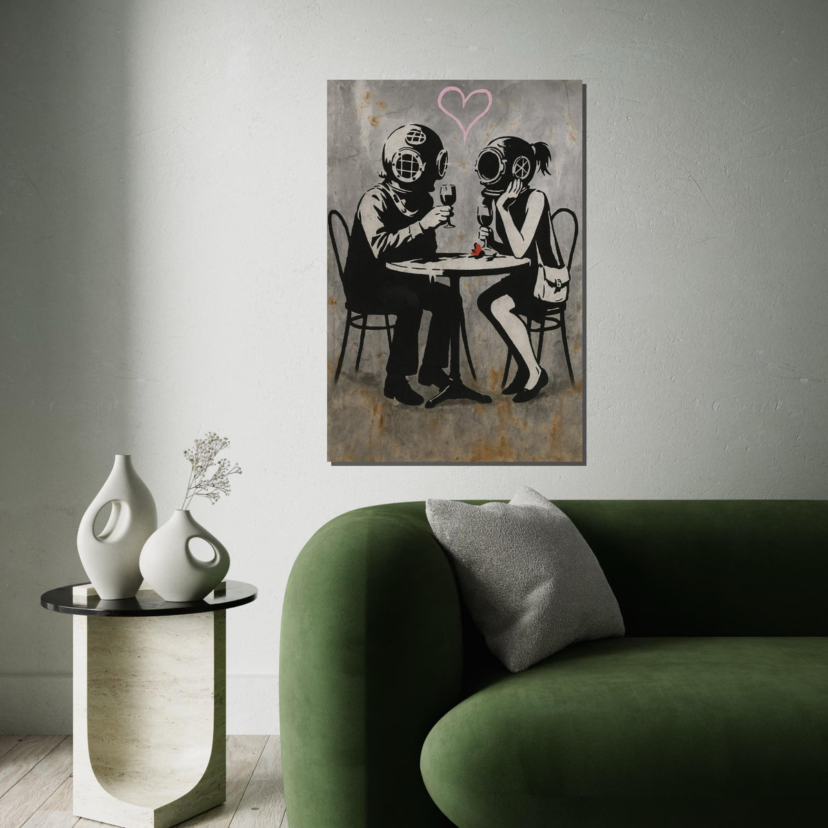 Divers in Love Canvas, Romantic Helmet Divers, Banksy Style Art, Wall Art Canvas Design, Ready to Hang Decoration, Vintage Romance