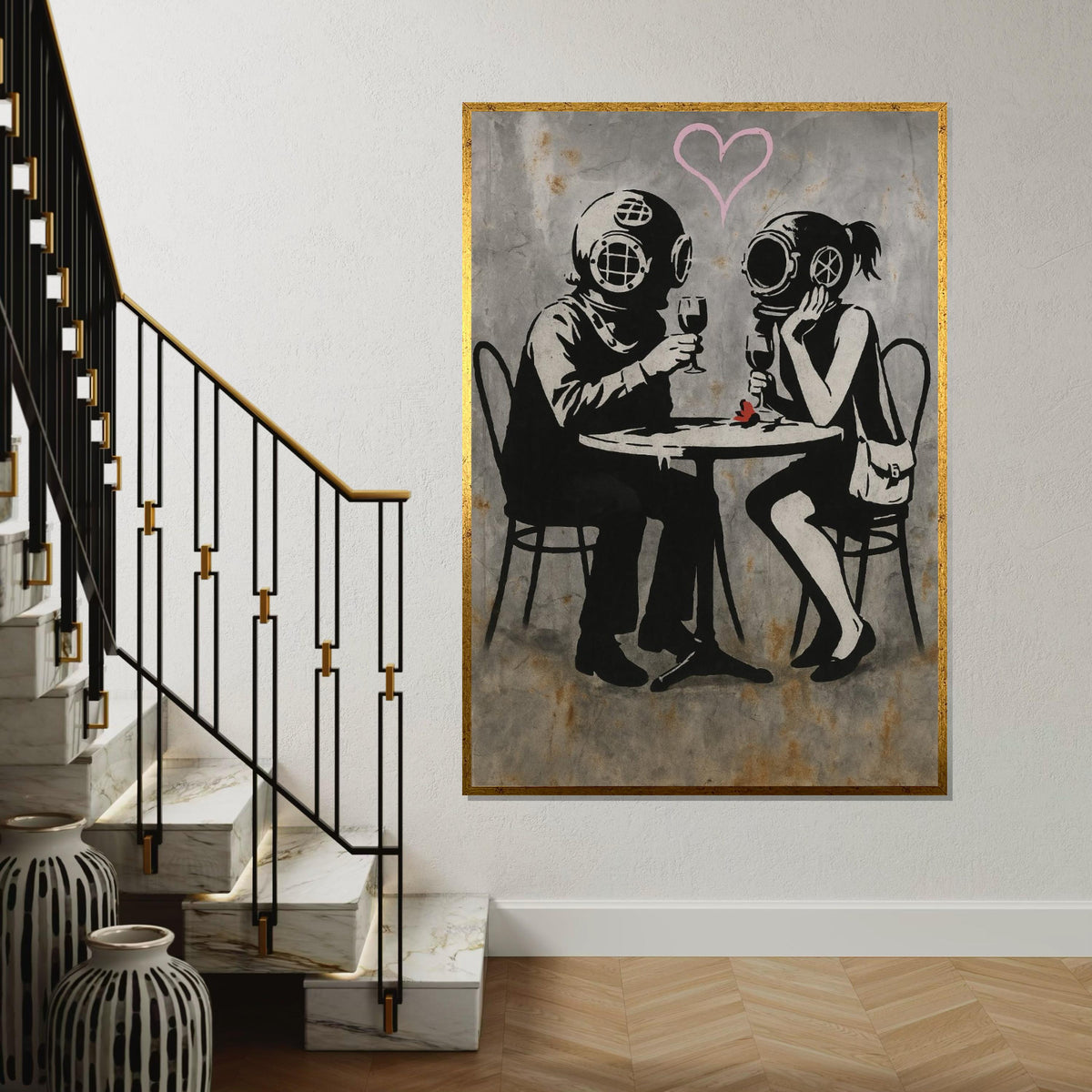 Divers in Love Canvas, Romantic Helmet Divers, Banksy Style Art, Wall Art Canvas Design, Ready to Hang Decoration, Vintage Romance