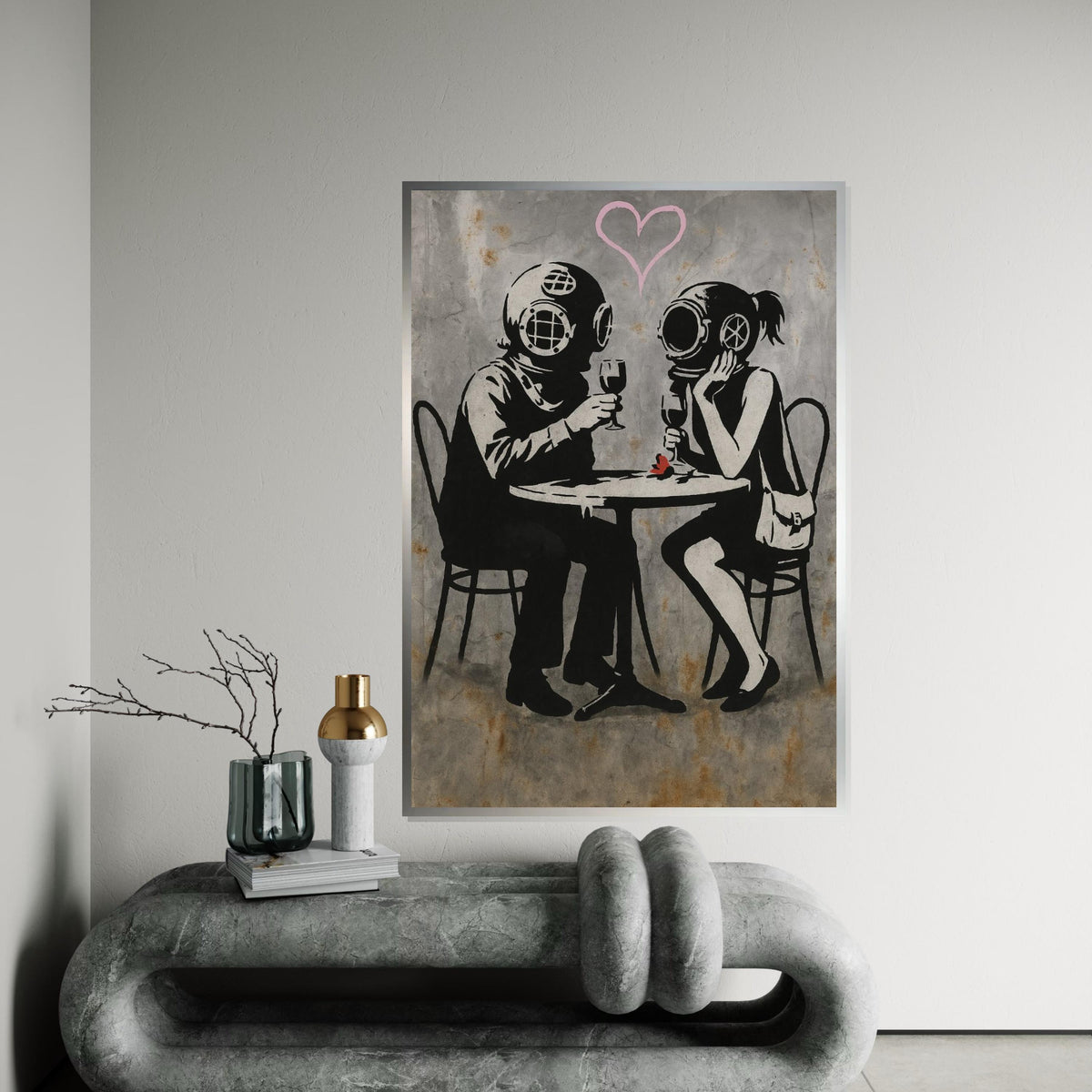 Divers in Love Canvas, Romantic Helmet Divers, Banksy Style Art, Wall Art Canvas Design, Ready to Hang Decoration, Vintage Romance