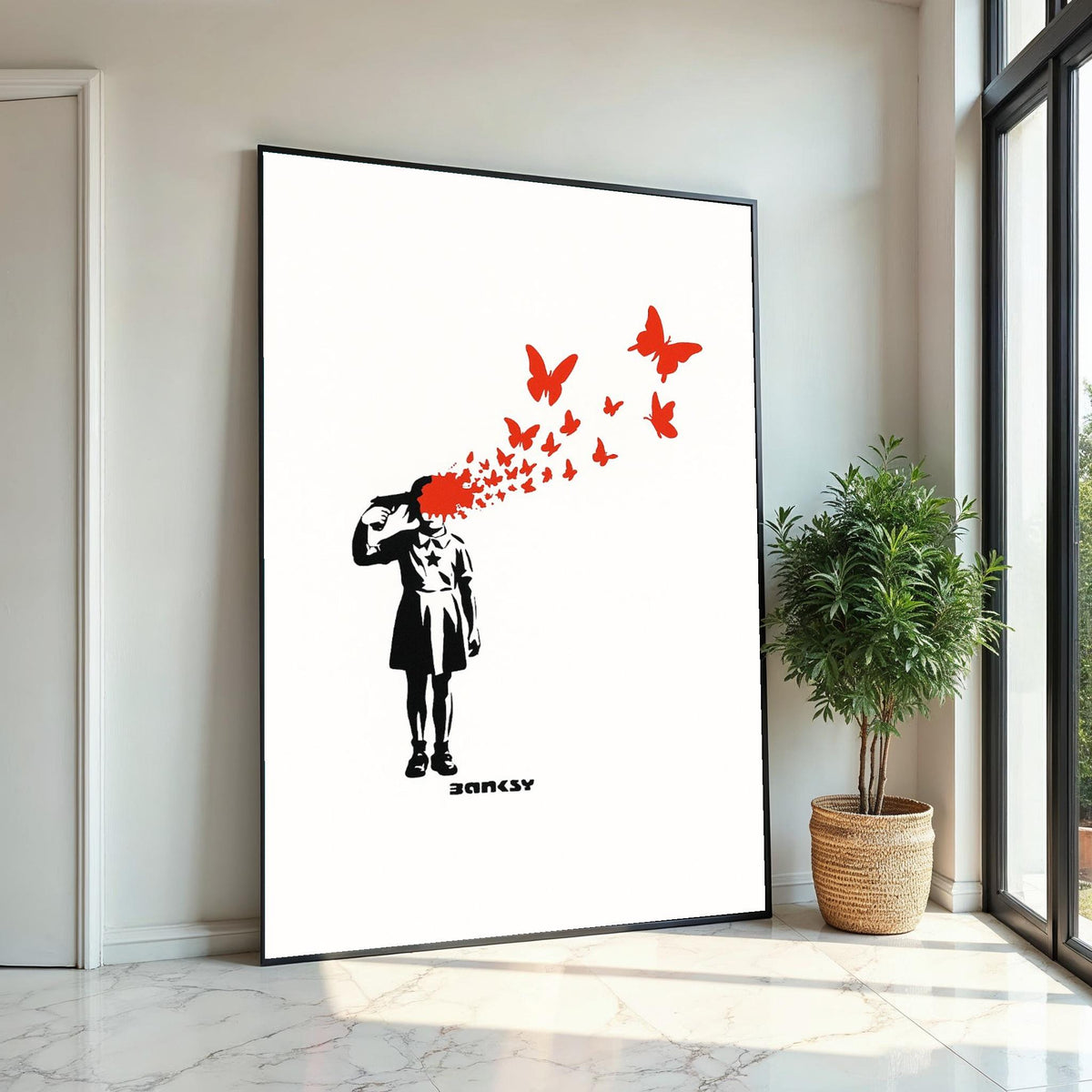 Girl With Butterflies Canvas, Surreal Wall Art, Banksy Style Print, Wall Art Canvas Design, Ready To Hang Decoration