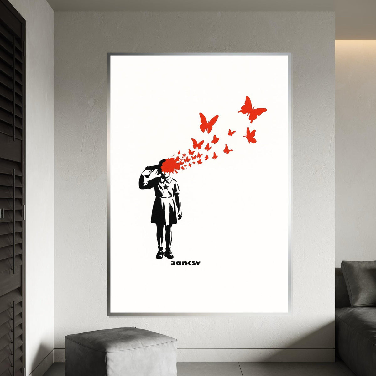 Girl With Butterflies Canvas, Surreal Wall Art, Banksy Style Print, Wall Art Canvas Design, Ready To Hang Decoration