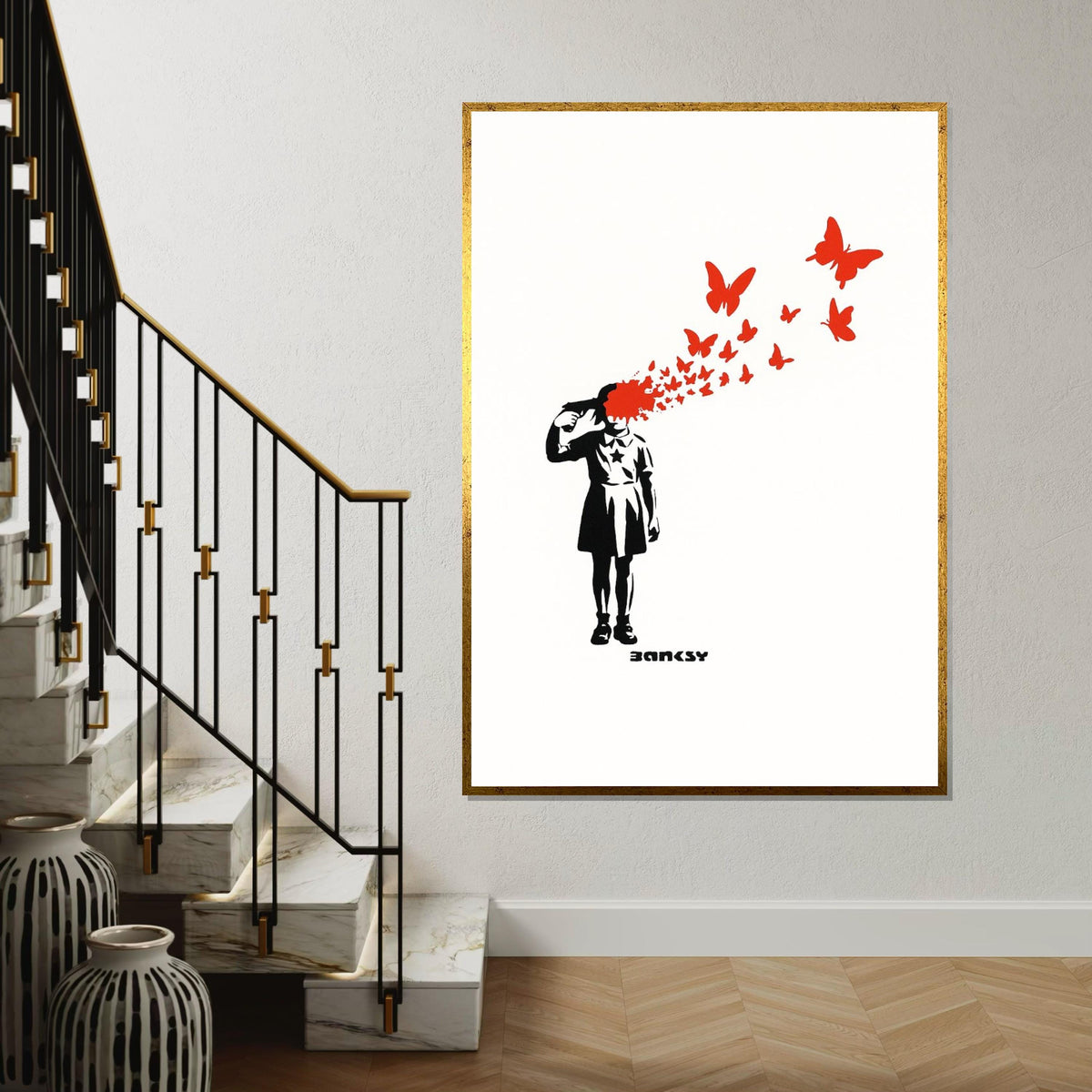 Girl With Butterflies Canvas, Surreal Wall Art, Banksy Style Print, Wall Art Canvas Design, Ready To Hang Decoration