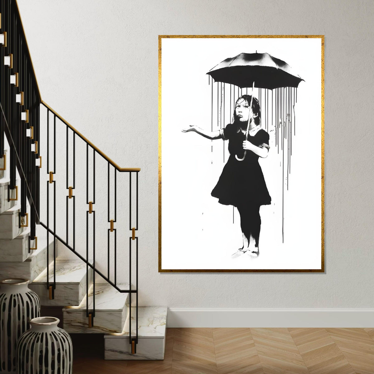Umbrella Girl Canvas Art, Banksy Style Art, Street Art Canvas, Wall Art Design, Ready To Hang Decoration, Modern Home Decor Canvas