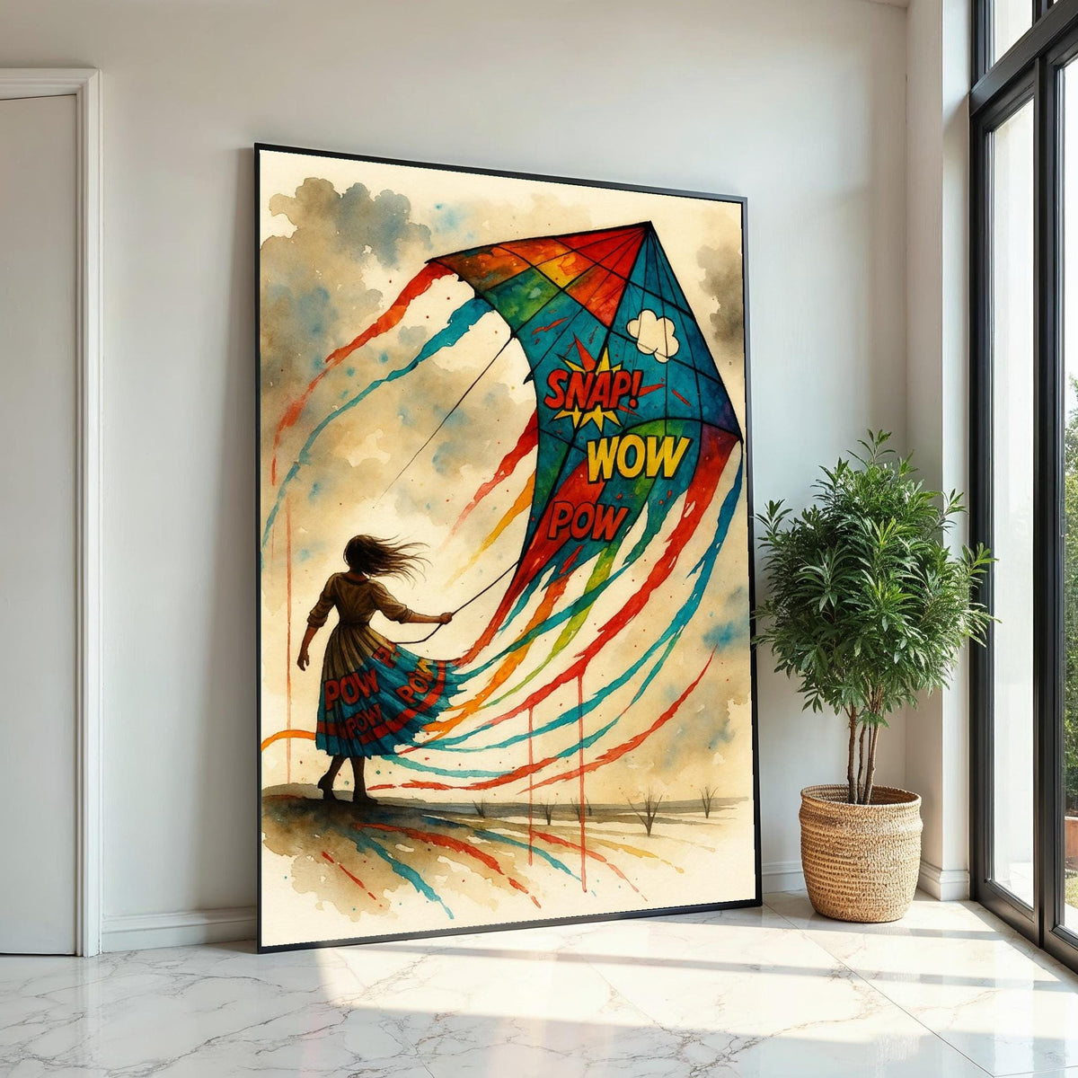 Colorful Kite Woman Canvas, Pop Art Kite Poster, Wall Art Canvas Design, Snap Wow Pow Art, Ready To Hang Decoration