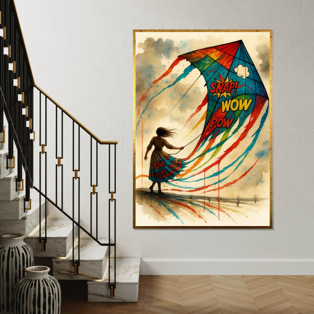 Colorful Kite Woman Canvas, Pop Art Kite Poster, Wall Art Canvas Design, Snap Wow Pow Art, Ready To Hang Decoration