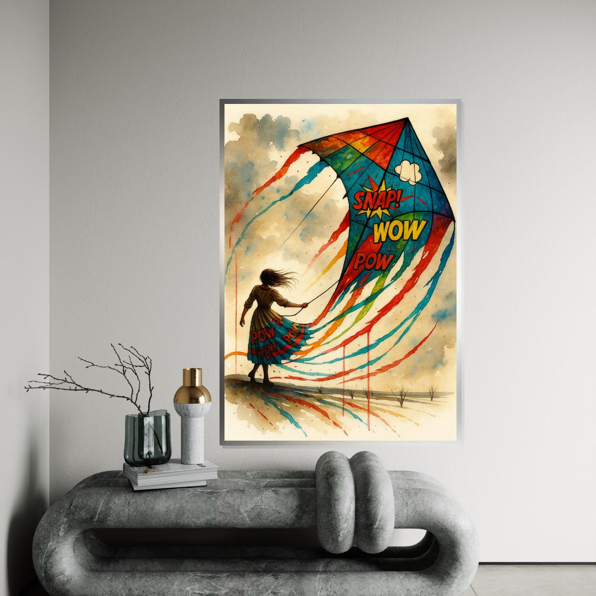 Colorful Kite Woman Canvas, Pop Art Kite Poster, Wall Art Canvas Design, Snap Wow Pow Art, Ready To Hang Decoration
