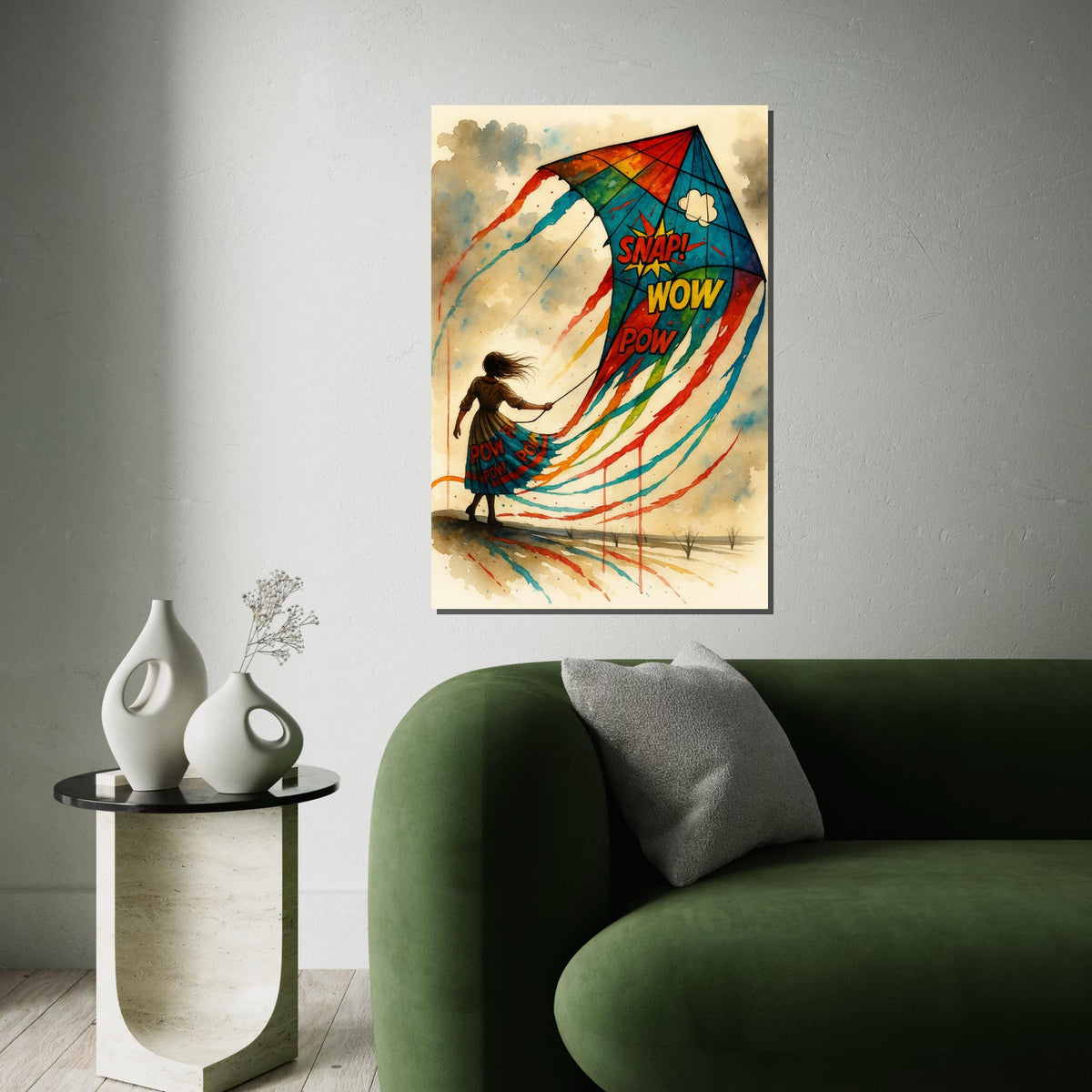 Colorful Kite Woman Canvas, Pop Art Kite Poster, Wall Art Canvas Design, Snap Wow Pow Art, Ready To Hang Decoration