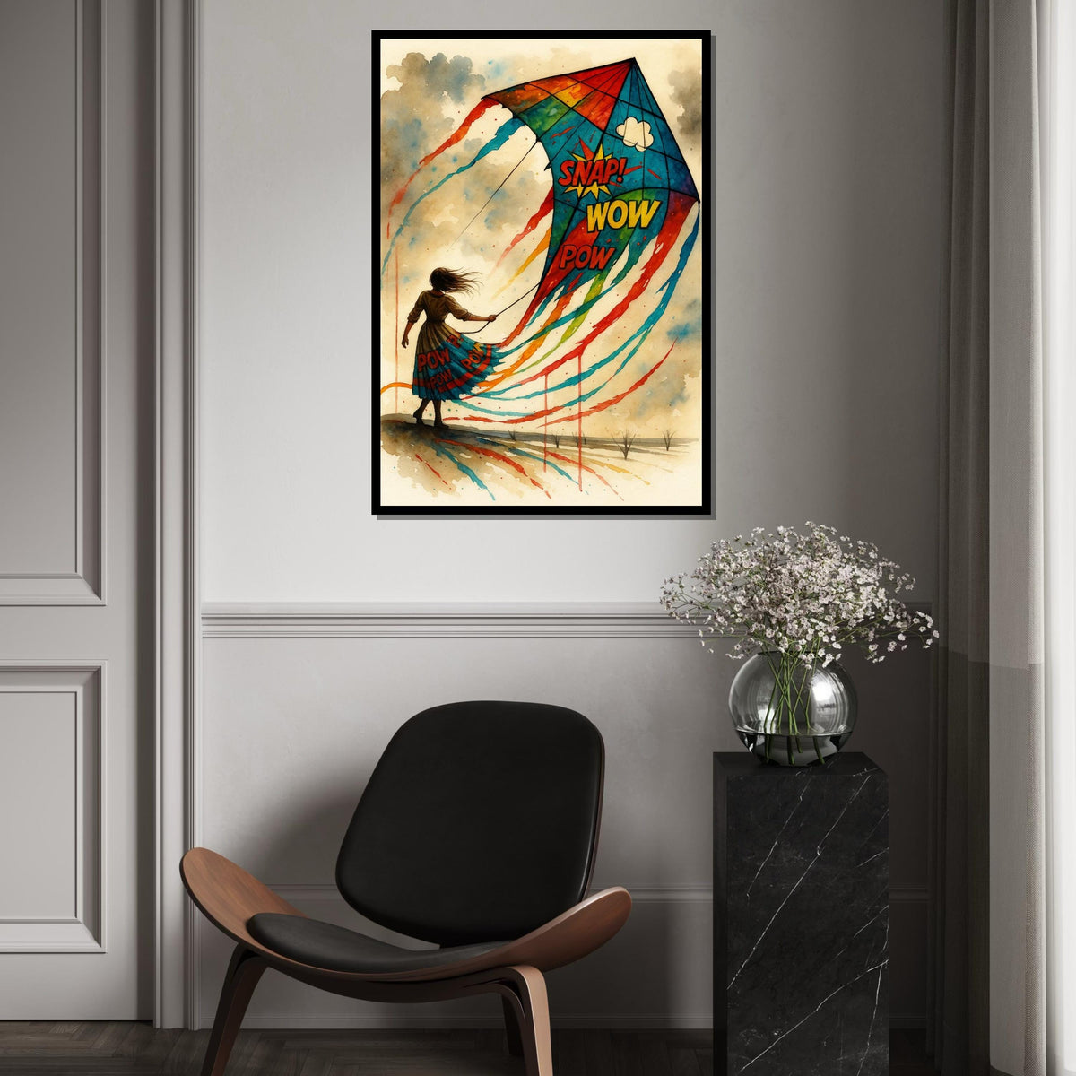 Colorful Kite Woman Canvas, Pop Art Kite Poster, Wall Art Canvas Design, Snap Wow Pow Art, Ready To Hang Decoration