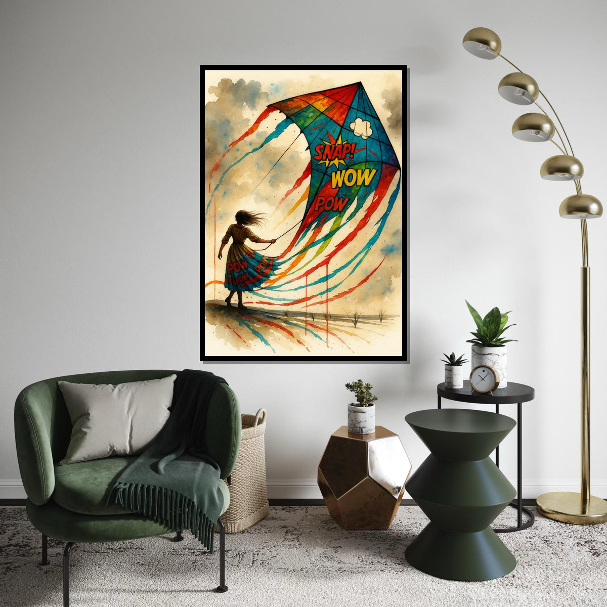 Colorful Kite Woman Canvas, Pop Art Kite Poster, Wall Art Canvas Design, Snap Wow Pow Art, Ready To Hang Decoration