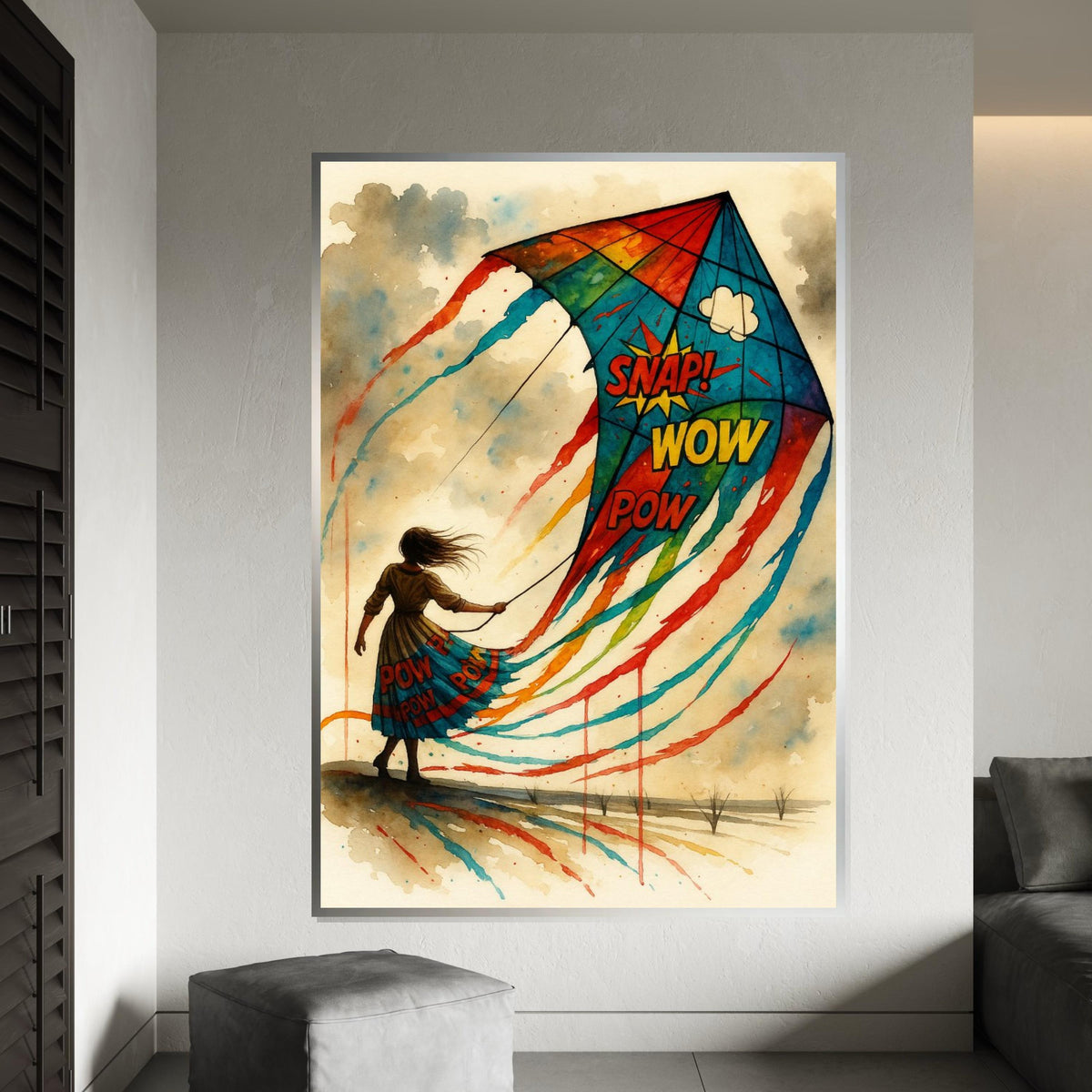 Colorful Kite Woman Canvas, Pop Art Kite Poster, Wall Art Canvas Design, Snap Wow Pow Art, Ready To Hang Decoration