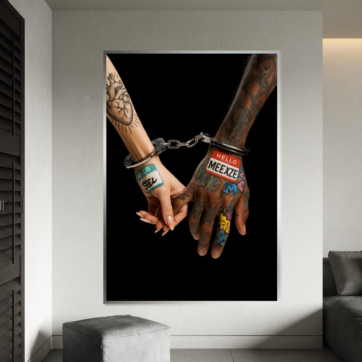 Tattooed Hands Canvas, Couple in Handcuffs Art, Graffiti Tattoo Print, Wall Art Canvas Design, Ready to Hang Home Decor