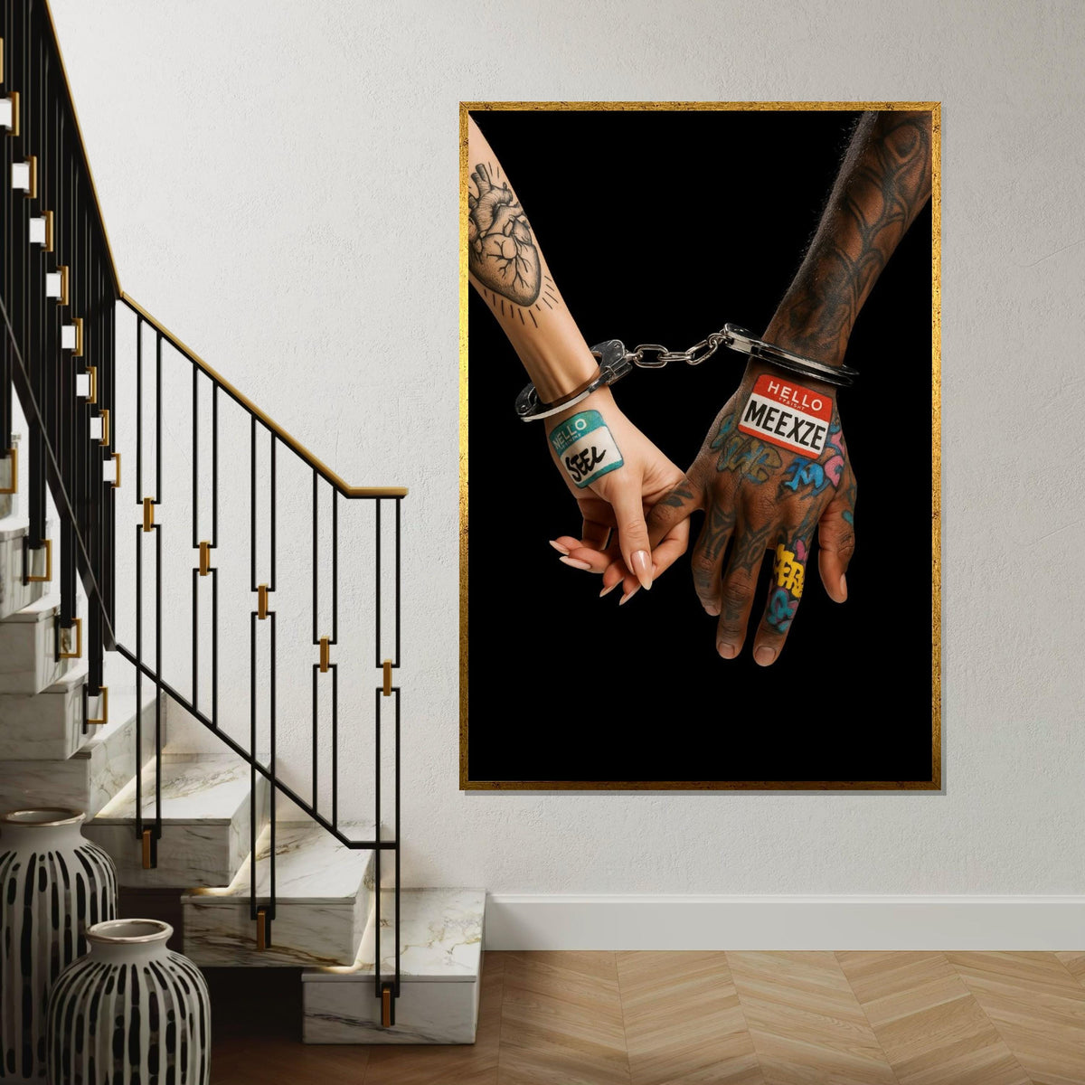 Tattooed Hands Canvas, Couple in Handcuffs Art, Graffiti Tattoo Print, Wall Art Canvas Design, Ready to Hang Home Decor