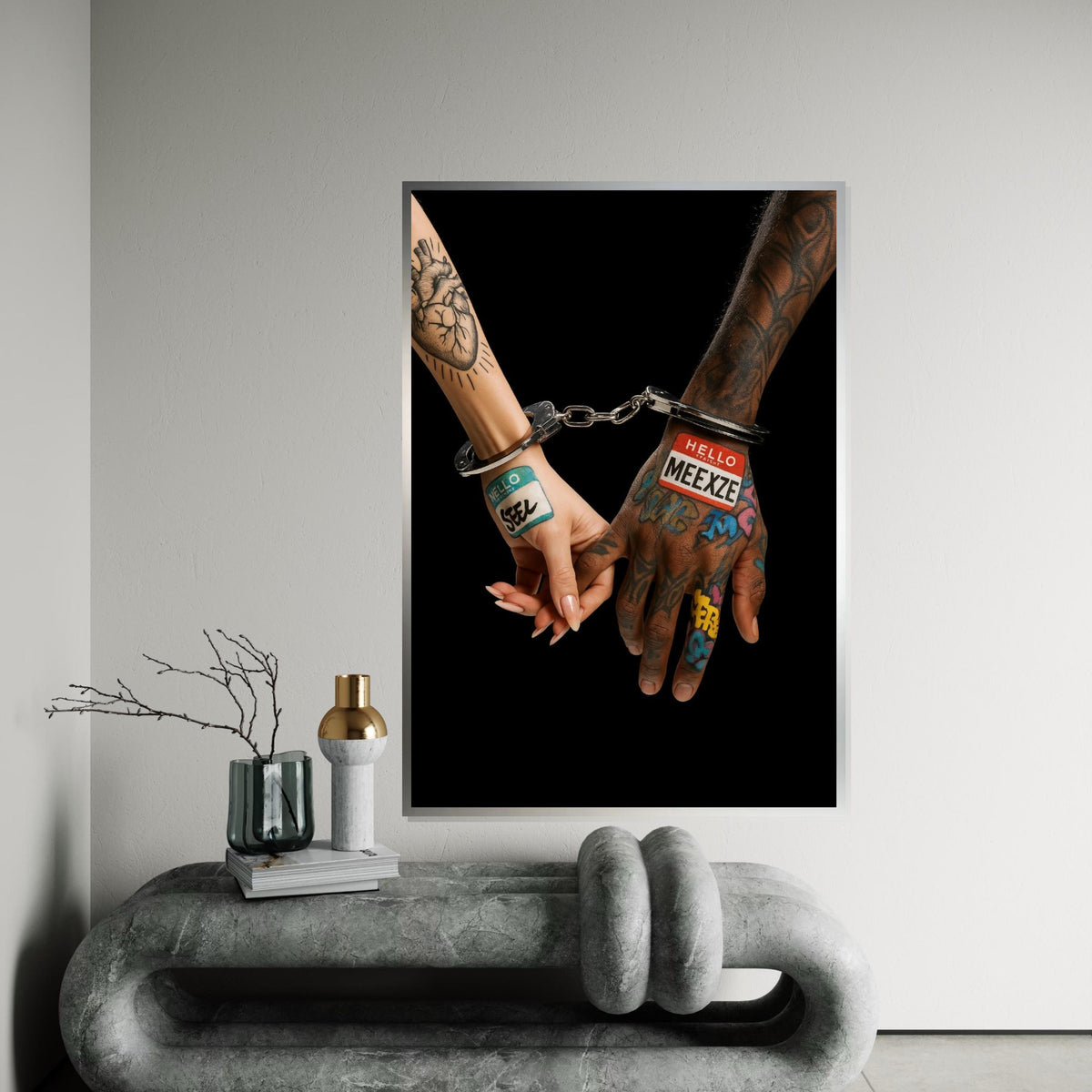 Tattooed Hands Canvas, Couple in Handcuffs Art, Graffiti Tattoo Print, Wall Art Canvas Design, Ready to Hang Home Decor