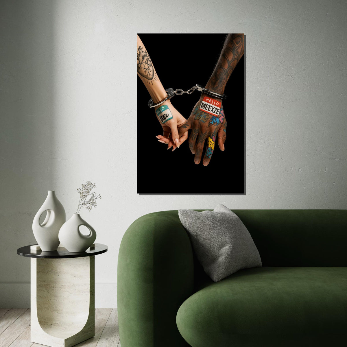 Tattooed Hands Canvas, Couple in Handcuffs Art, Graffiti Tattoo Print, Wall Art Canvas Design, Ready to Hang Home Decor