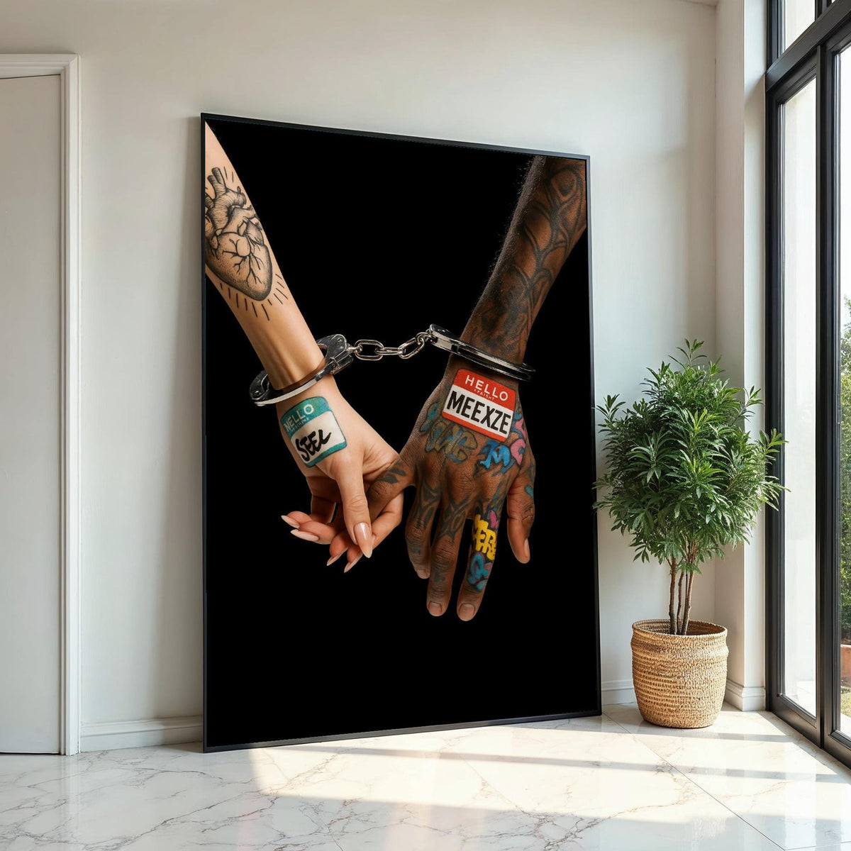 Tattooed Hands Canvas, Couple in Handcuffs Art, Graffiti Tattoo Print, Wall Art Canvas Design, Ready to Hang Home Decor