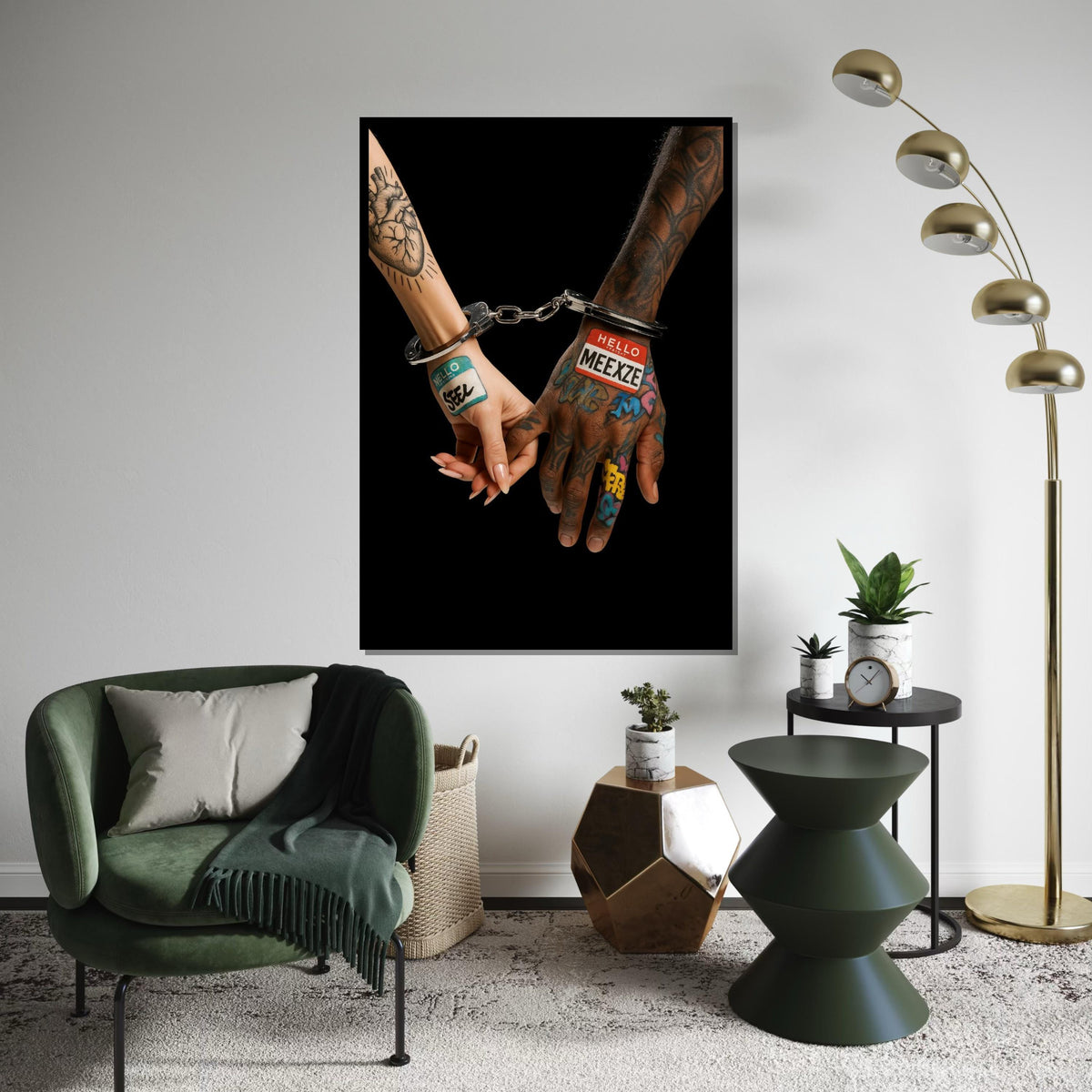 Tattooed Hands Canvas, Couple in Handcuffs Art, Graffiti Tattoo Print, Wall Art Canvas Design, Ready to Hang Home Decor