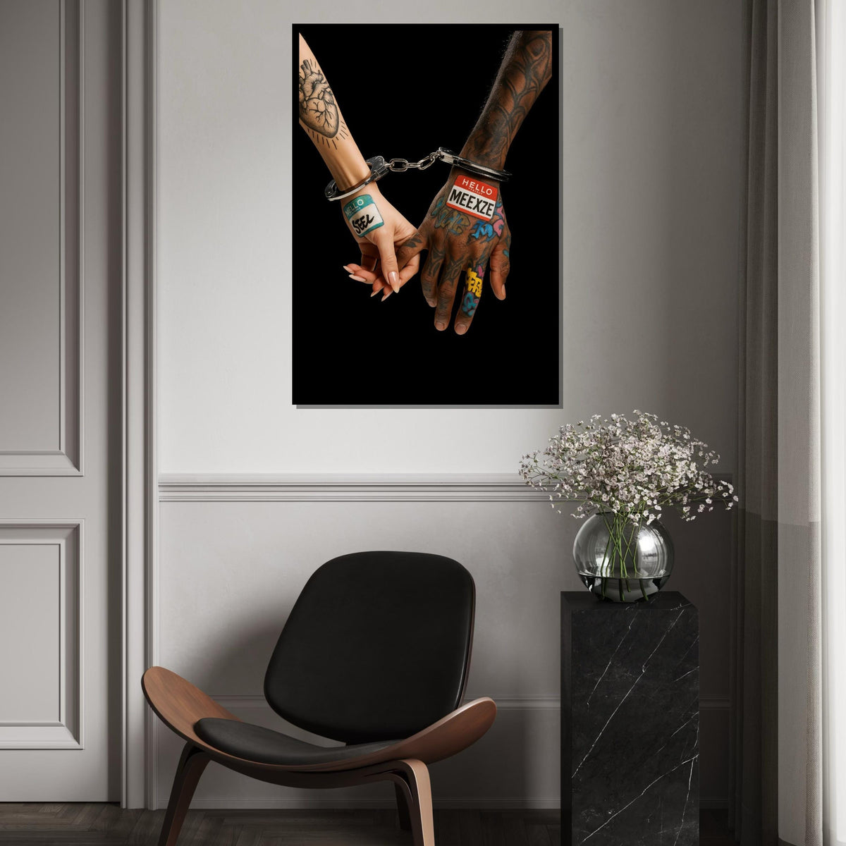 Tattooed Hands Canvas, Couple in Handcuffs Art, Graffiti Tattoo Print, Wall Art Canvas Design, Ready to Hang Home Decor