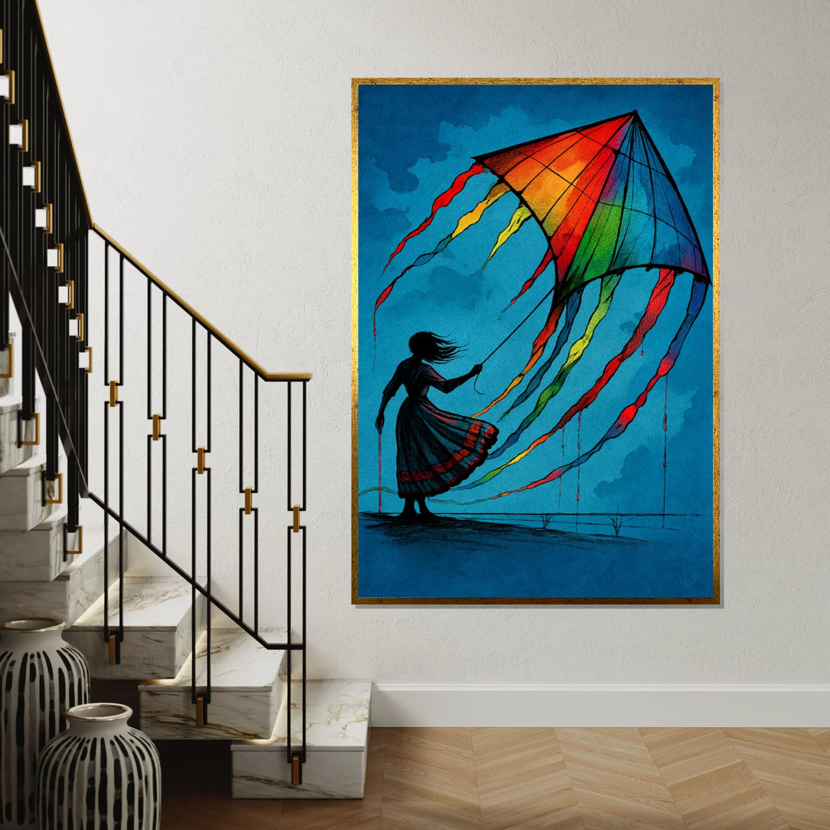 Vibrant Kite Girl, Colorful Kite Canvas, Art Wall Decoration, Silhouette Poster, Wall Art Canvas Design, Ready To Hang Decoration