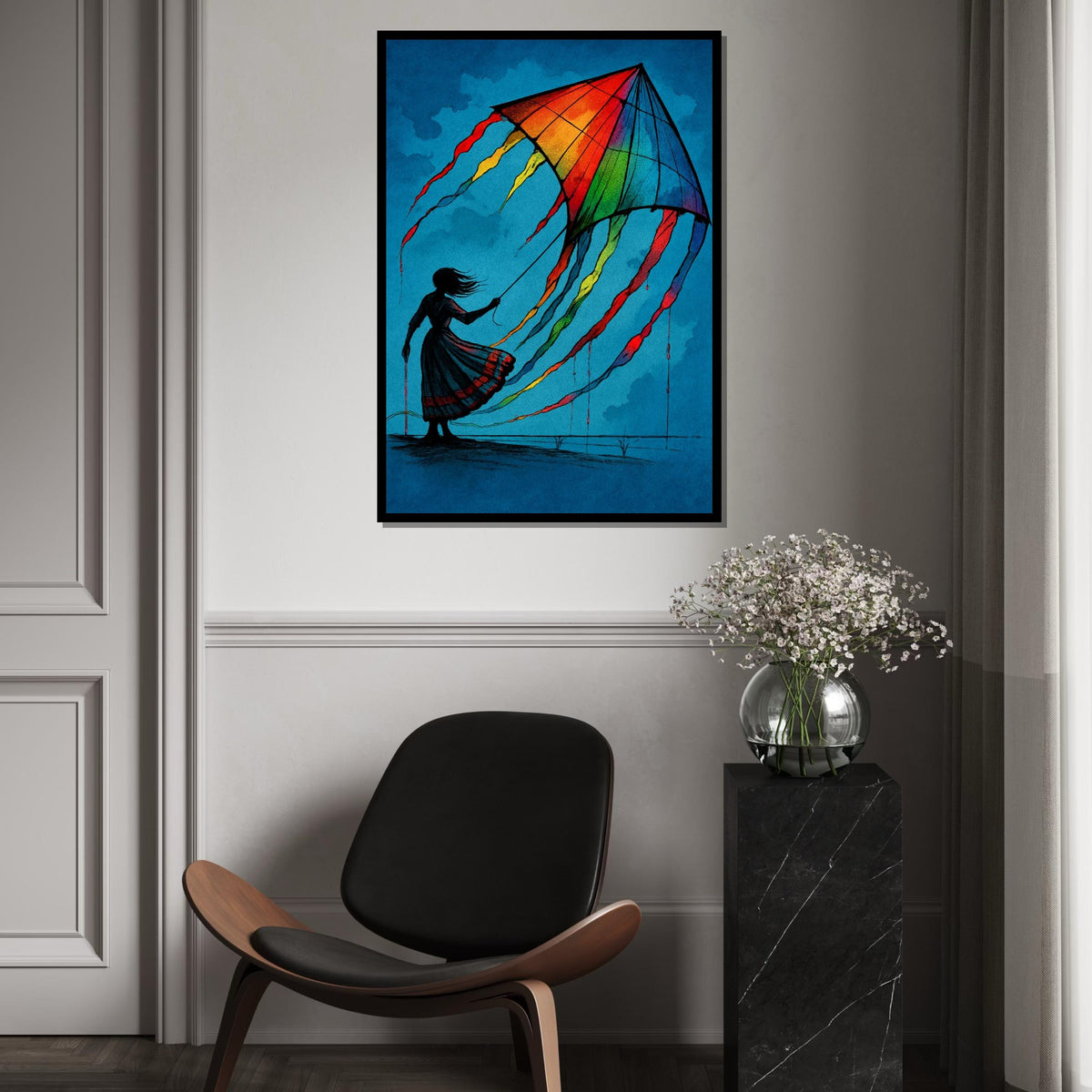 Vibrant Kite Girl, Colorful Kite Canvas, Art Wall Decoration, Silhouette Poster, Wall Art Canvas Design, Ready To Hang Decoration